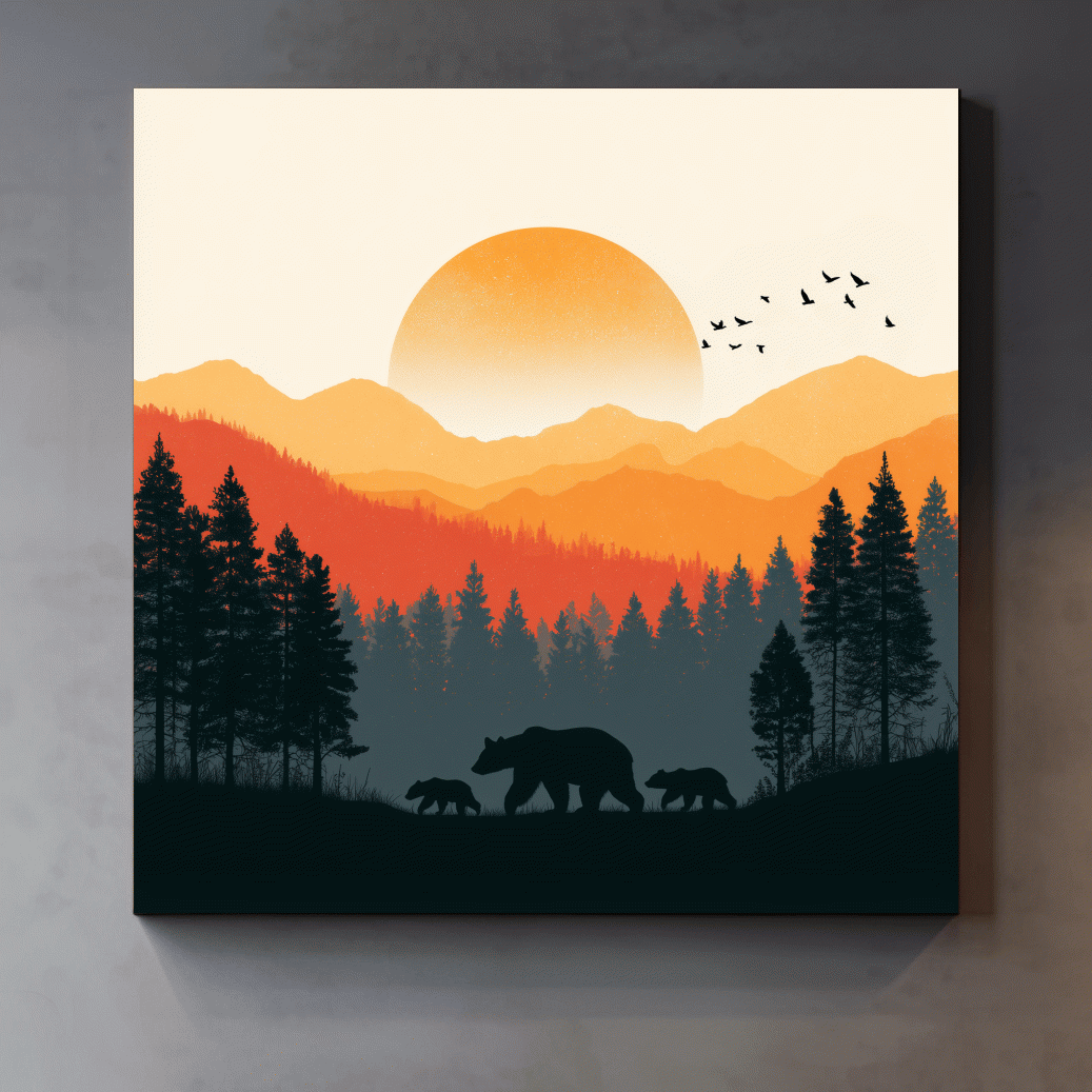 Sunset Mama Bear & Cubs Silhouette - Wildlife Forest Landscape Wall Art