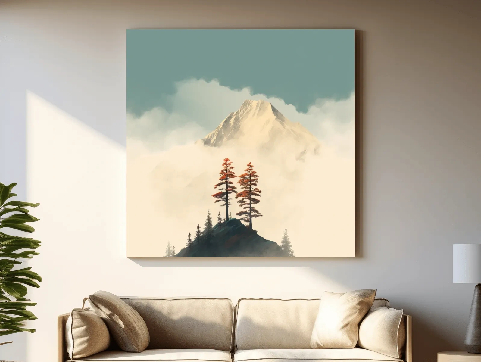 Misty Alpine Peak With Autumn Pines - Minimalist Mountain Artwork