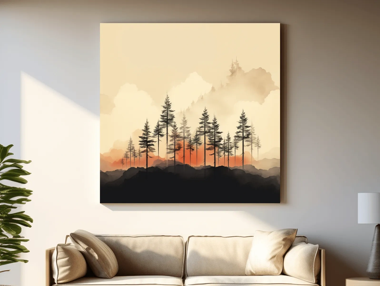 Misty Pine Forest Silhouettes At Sunrise - Minimalist Watercolor Mountain Wall Art