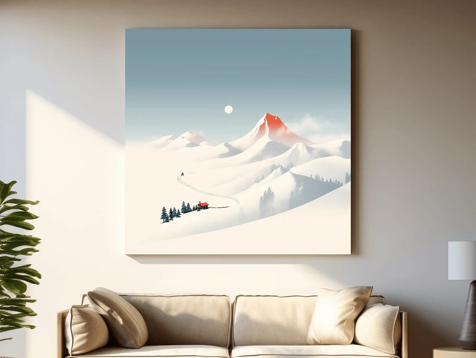 Minimalist Snowy Mountain Cabin Landscape - Nordic Winter Wall Art