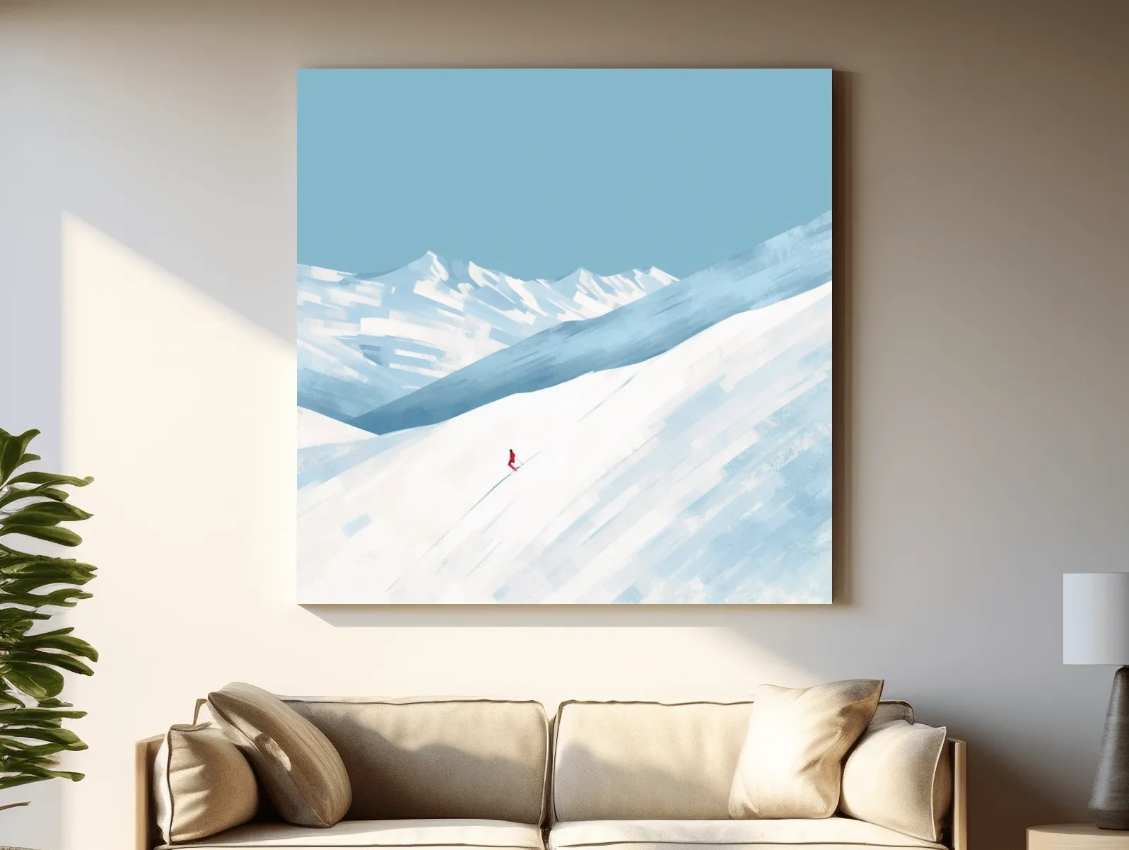 Minimalist Snowy Mountain Skier Painting - Alpine Winter Wall Art
