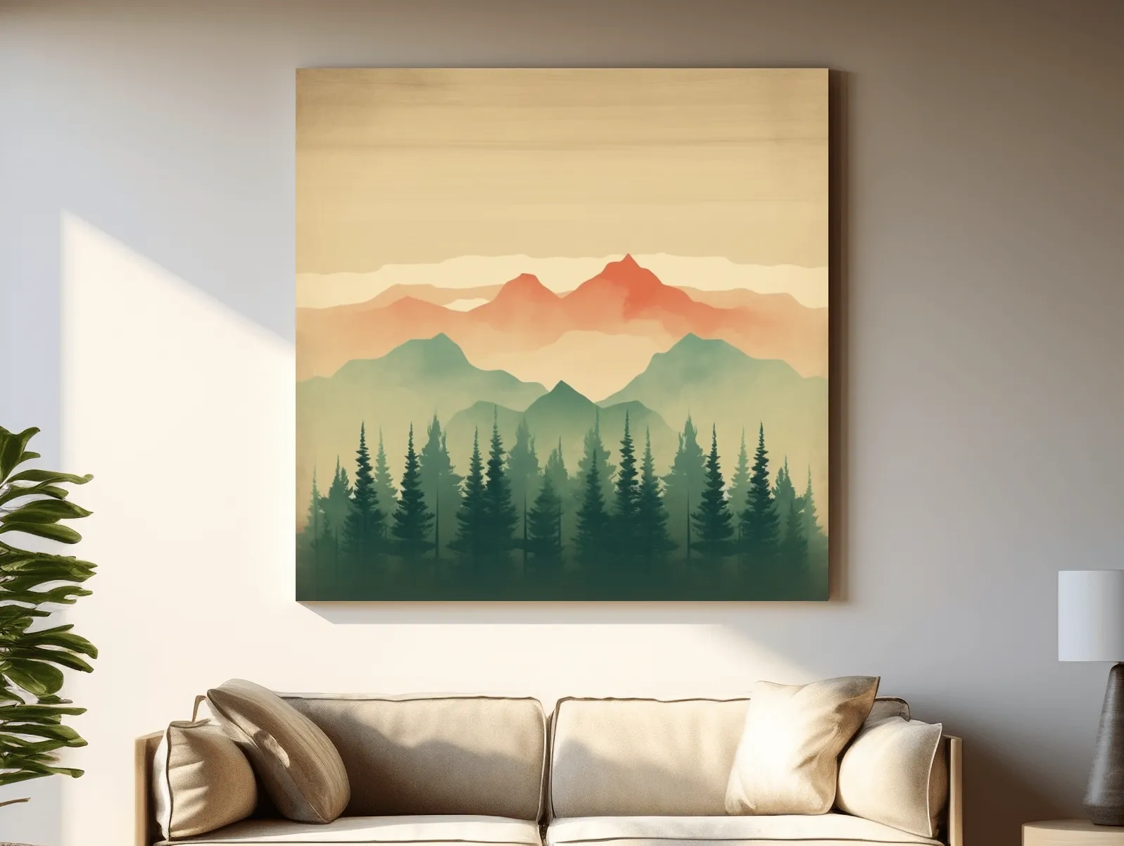 Misty Watercolor Mountain Range Sunrise - Pine Forest Landscape Artwork