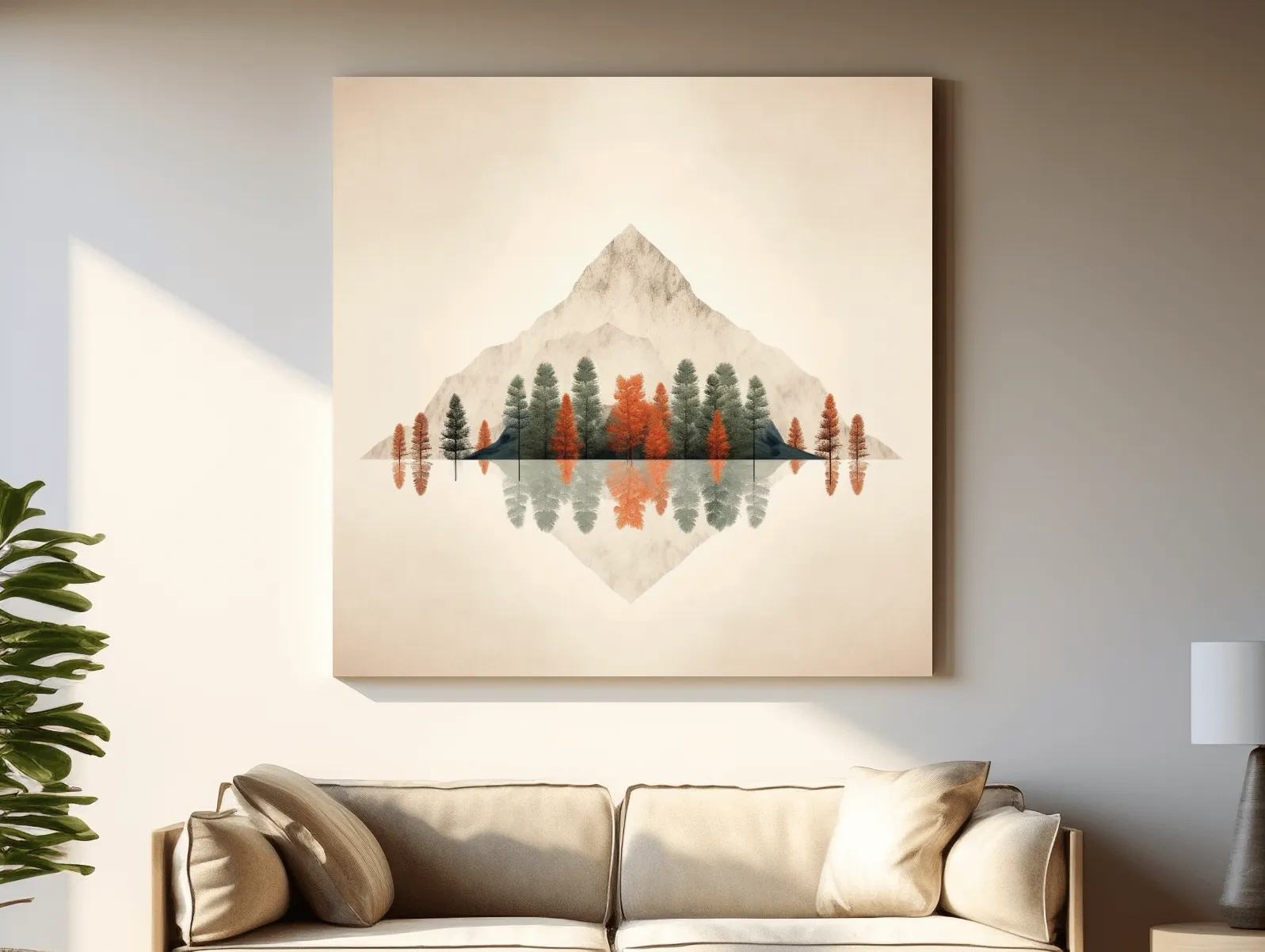 Minimalist Minimal Mountain Lake Reflection Painting - Autumn Pine Forest Artwork