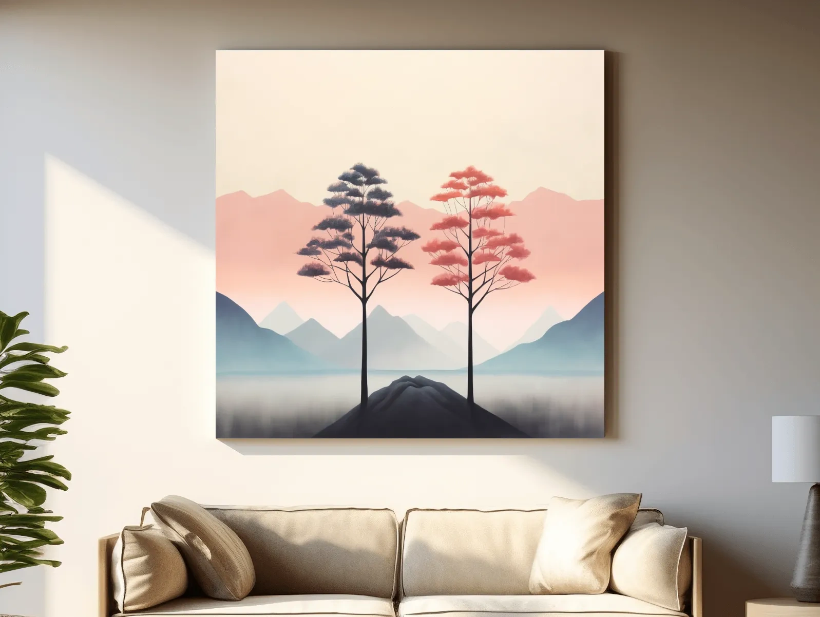 Minimalist Twin Pine Trees Landscape - Serene Pastel Mountain Lake Wall Art