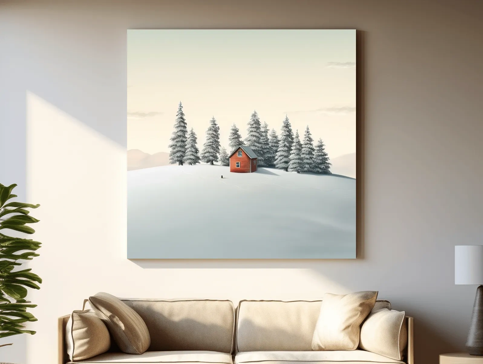 Minimalist Snowy Cabin In Pine Forest - Serene Winter Landscape Wall Art
