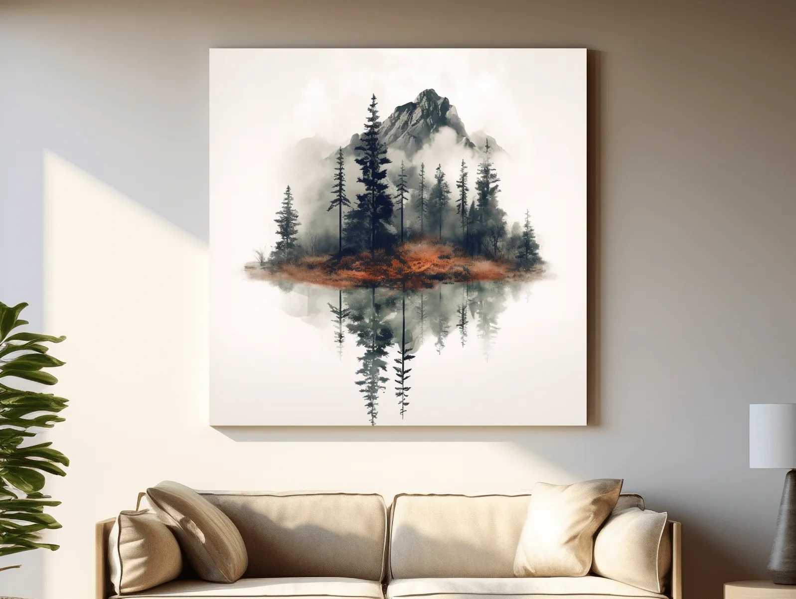 Minimalist Mountain Lake Reflection Watercolor - Moody Pine Forest Landscape Wall Art