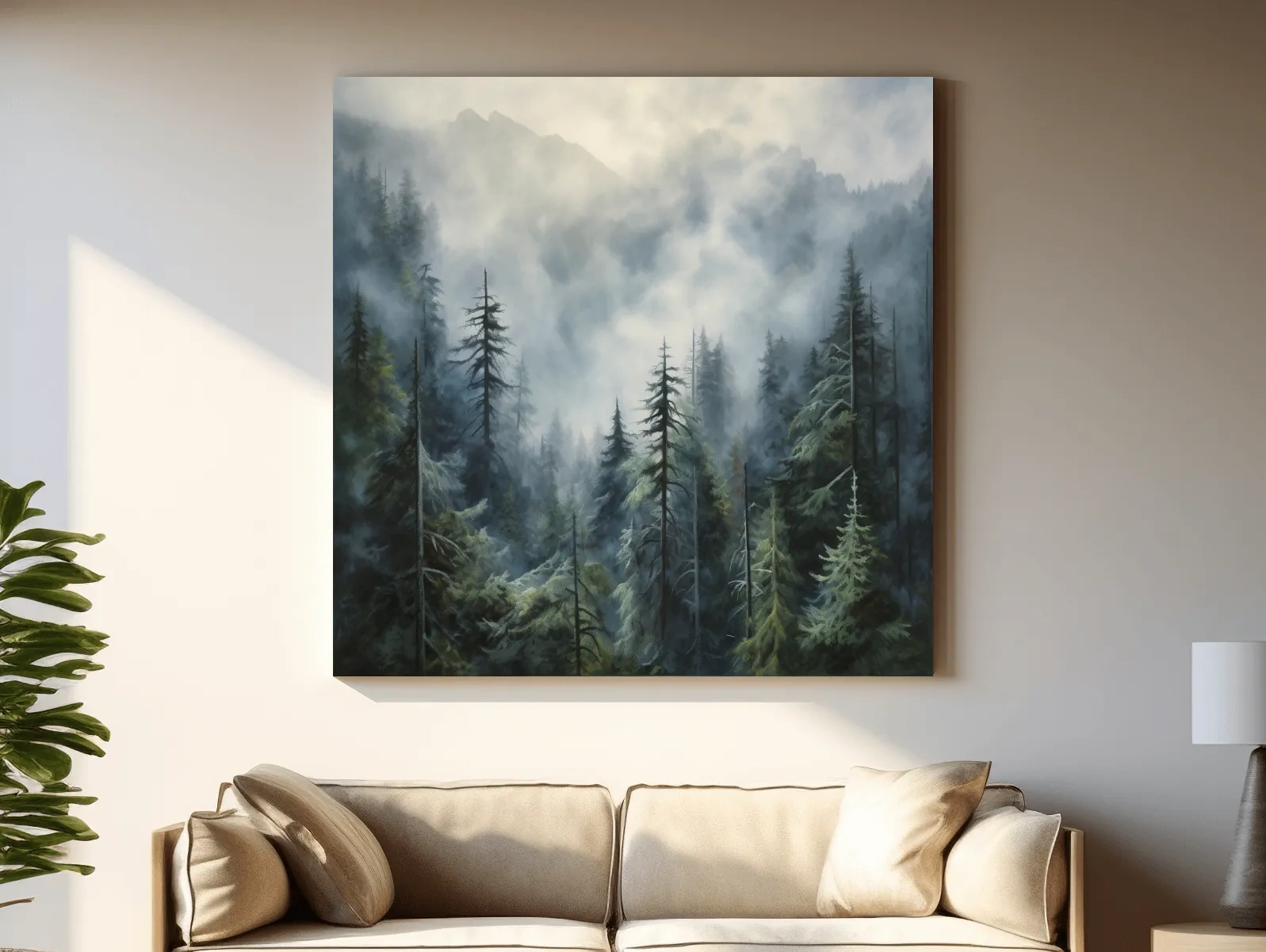 Moody Misty Pine Forest Mountains - Atmospheric Landscape Painting Wall Art