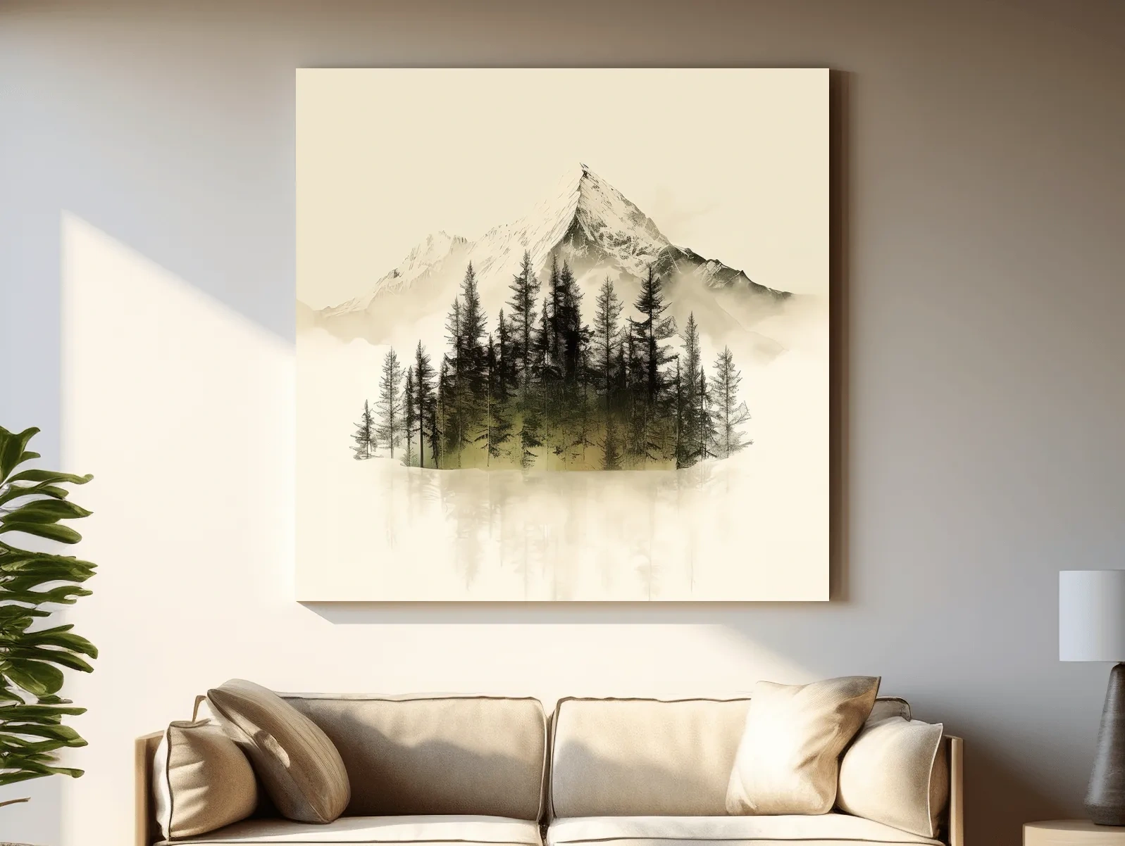 Misty Alpine Mountain Pine Forest Artwork - Minimalist Landscape Wall Art