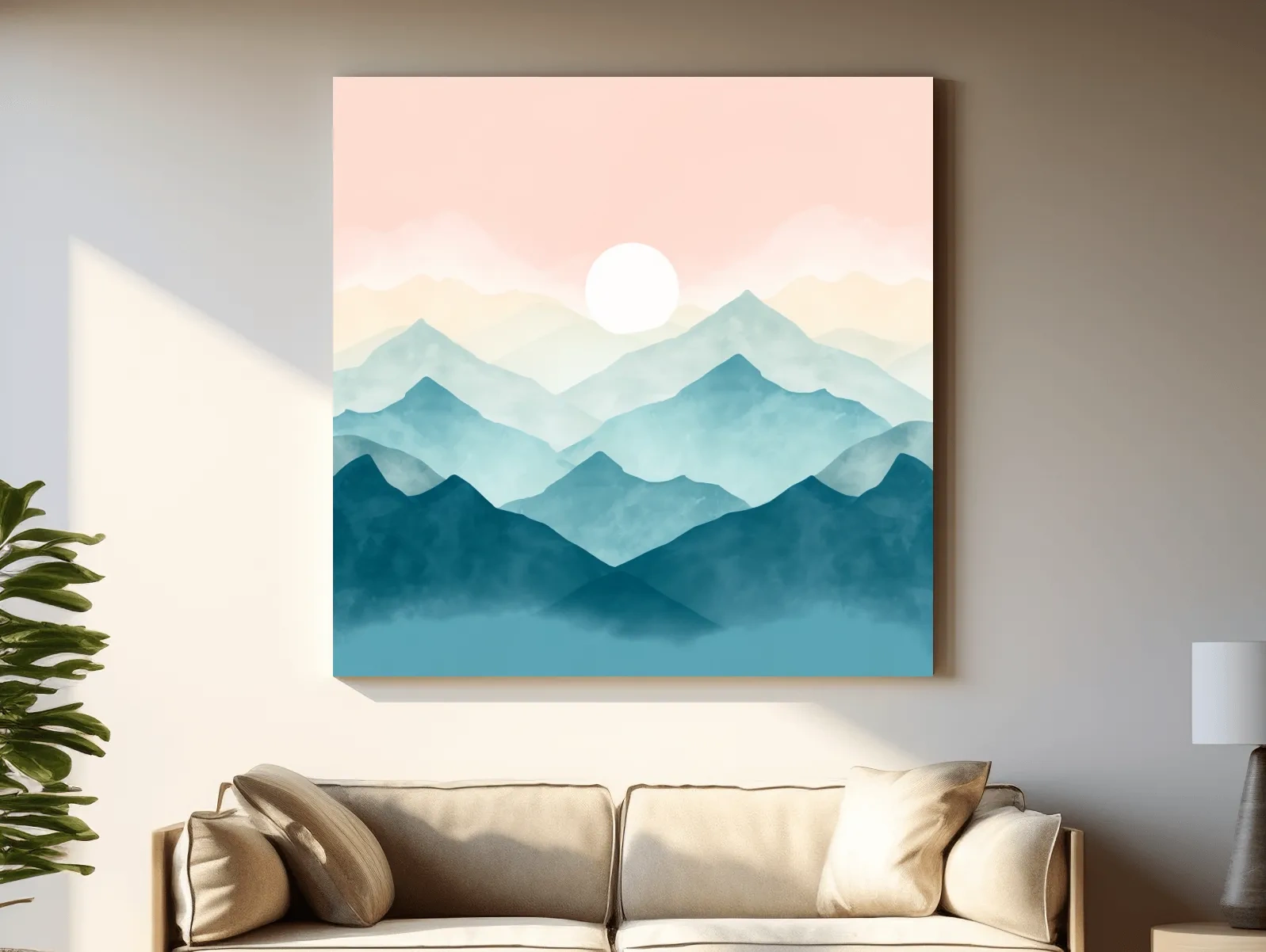Minimalist Watercolor Misty Mountain Sunrise - Pastel Alpine Landscape Wall Art