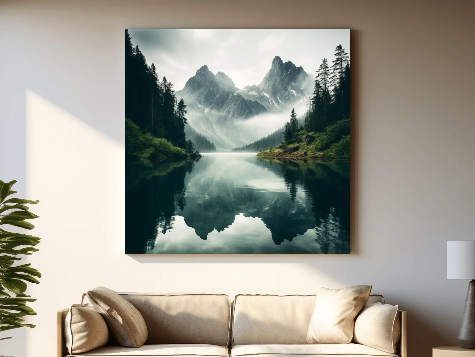 Misty Alpine Mountain Lake Reflection - Moody Pine Forest Photographic Wall Art