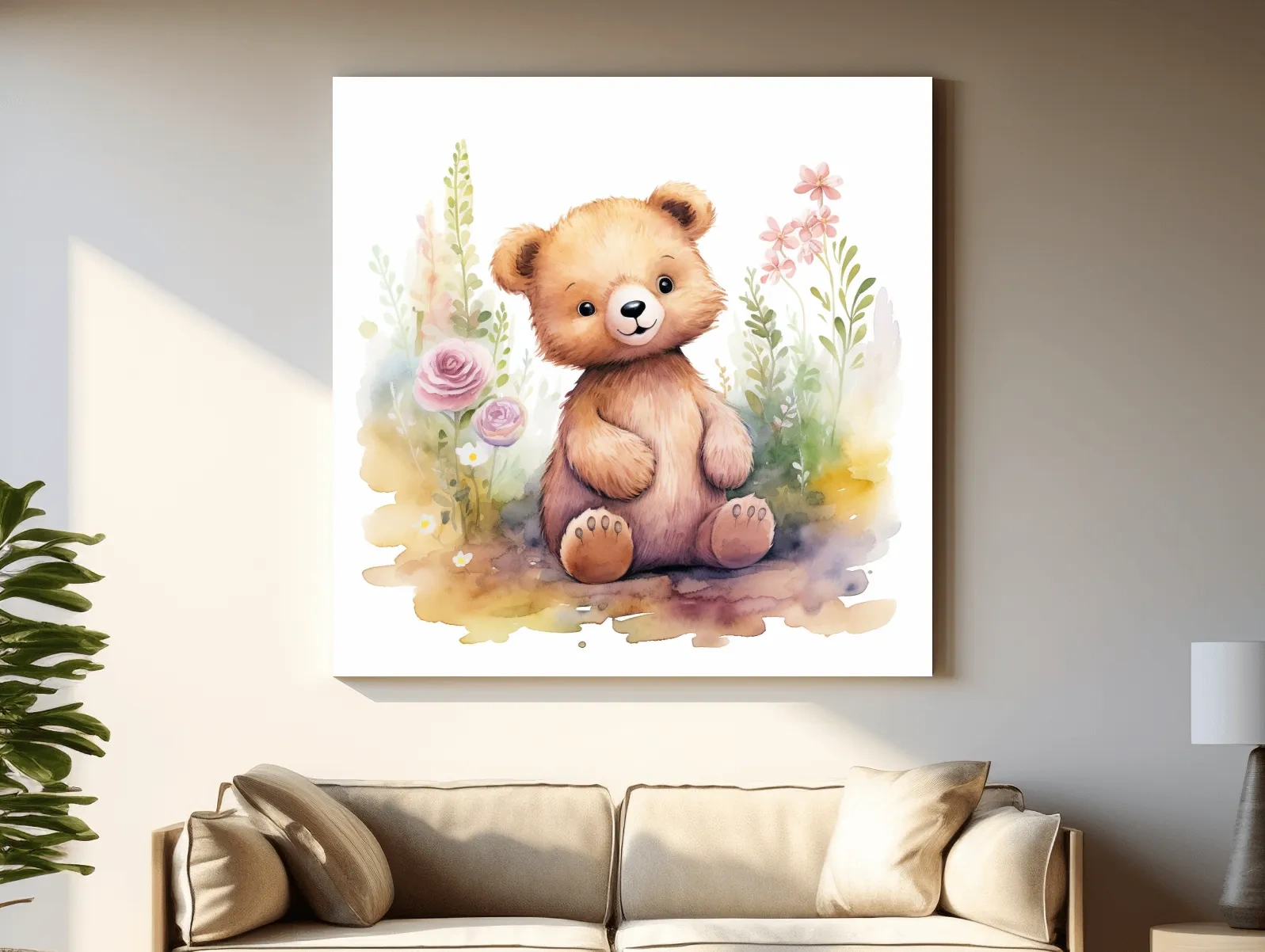 Nursery art, watercolor painting of a cute baby bear