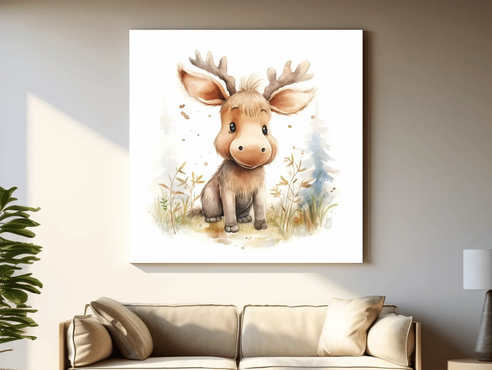 Cute Baby Moose Watercolor Illustration - Woodland Nursery Animal Wall Art