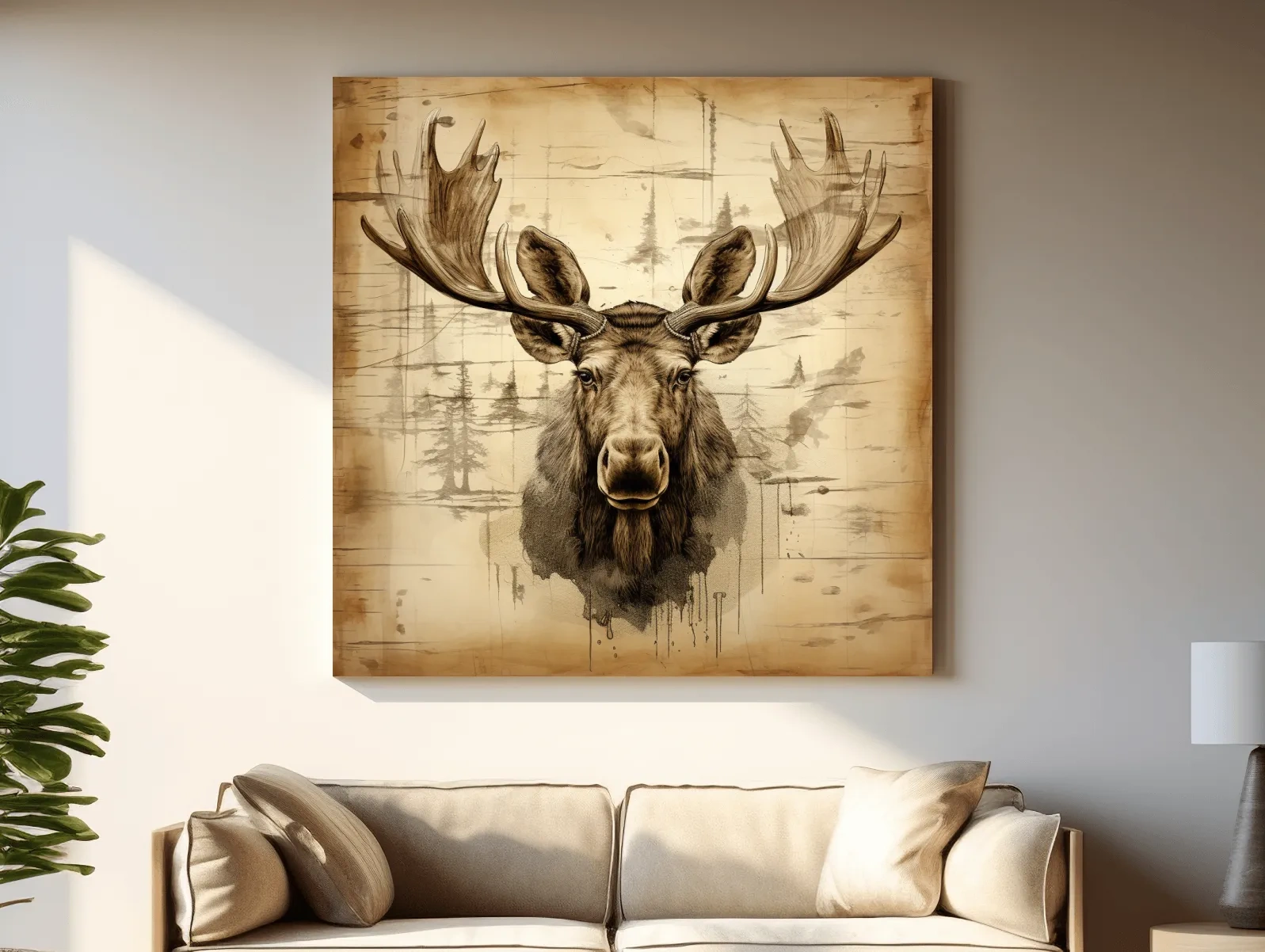 Rustic Sepia Moose Portrait Sketch - Vintage Lodge Wildlife Wall Art