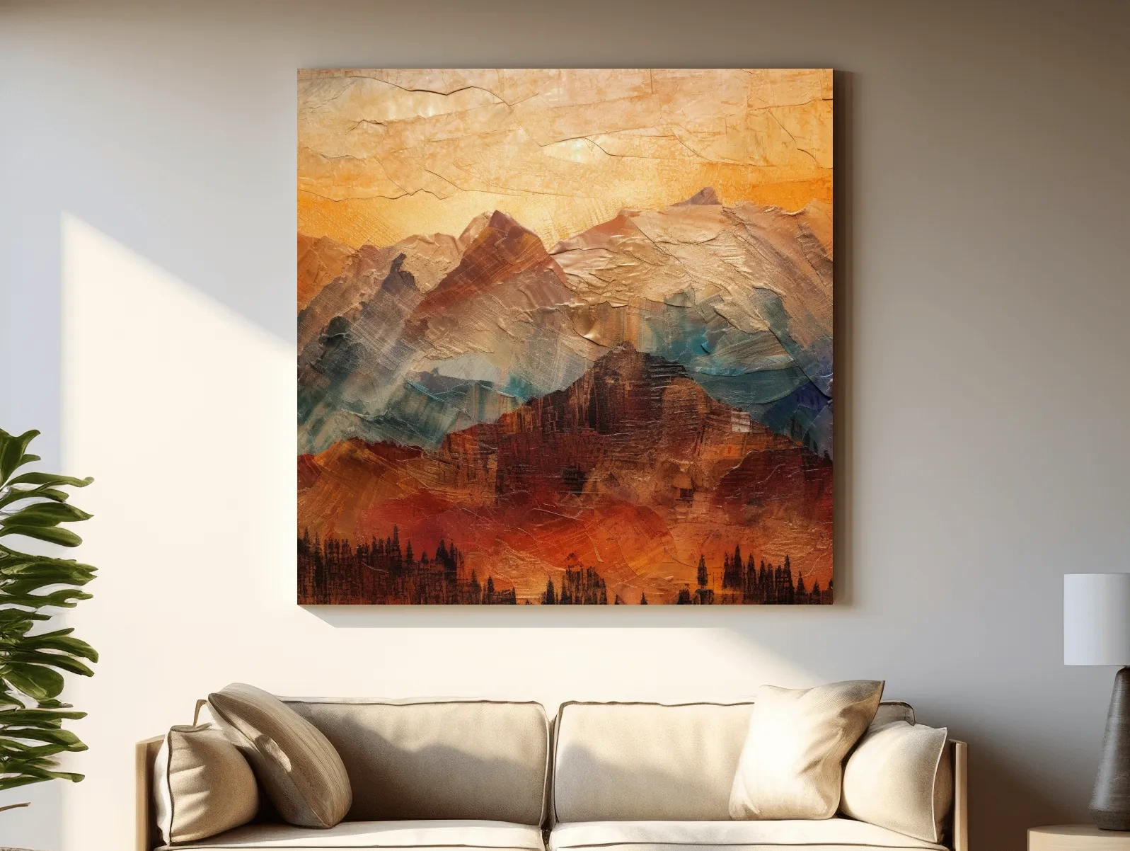 Impasto Style Abstract Mountain Range Sunset - Warm Rustic Landscape Wall Art