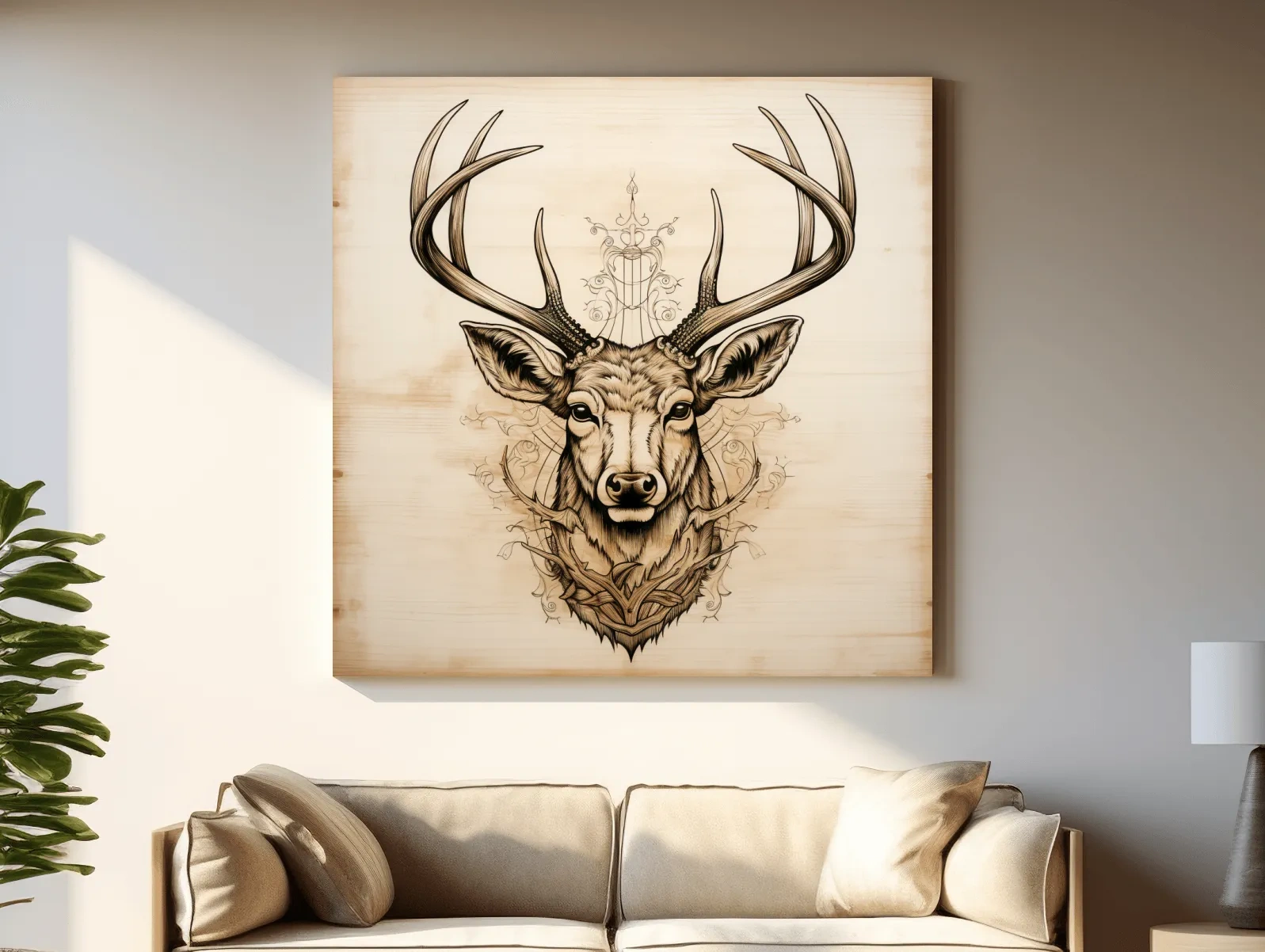 Ornate Deer Head on Wood Sketch Illustration - Rustic Wildlife Wall Art
