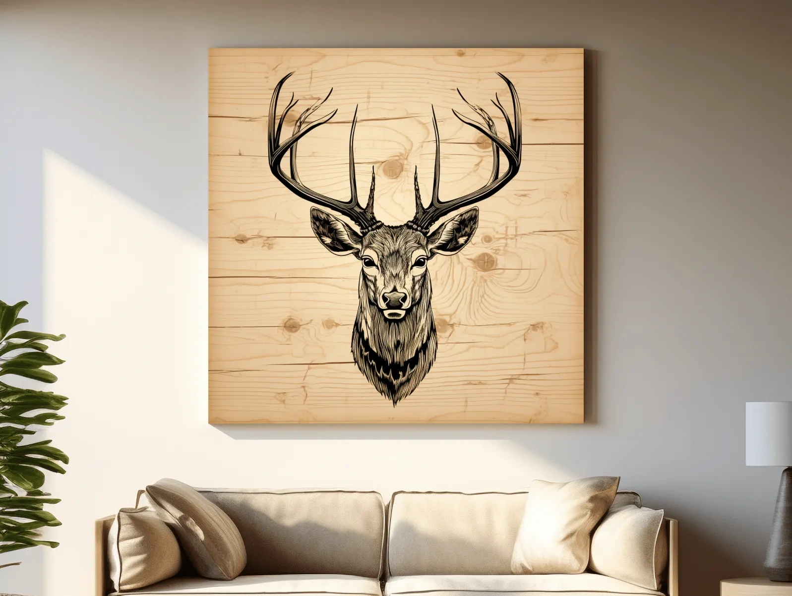 Rustic Engraved Wood Deer Head Illustration - Lodge Wildlife Wall Art