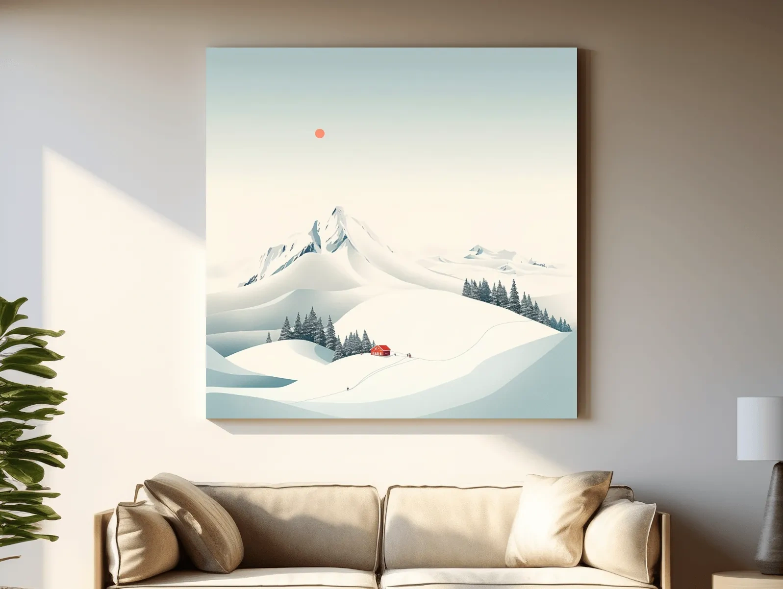 Minimalist Snowy Mountain Cabin Landscape - Winter Wall Art