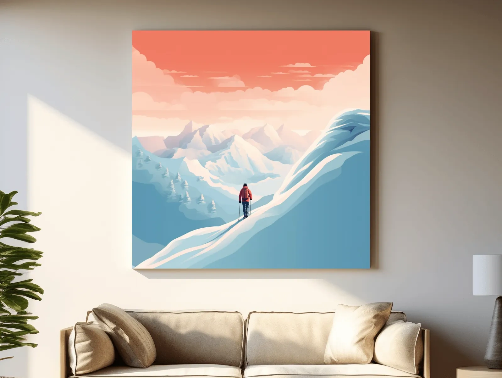 Minimalist Backcountry Skier Illustration - Pastel Alpine Landscape Wall Art