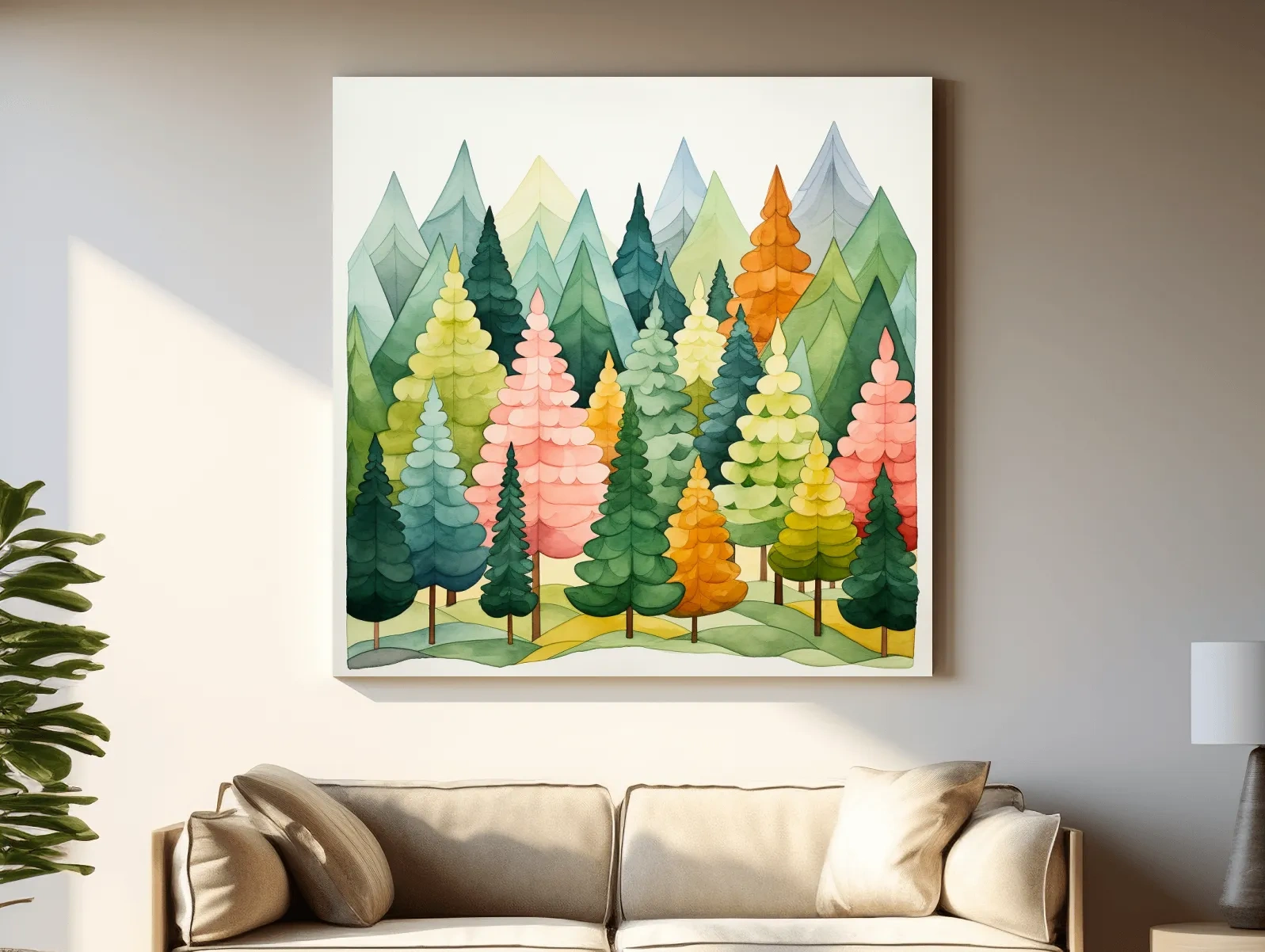 Whimsical Watercolor Pine Forest Mountains - Pastel Nursery Childrens Wall Art