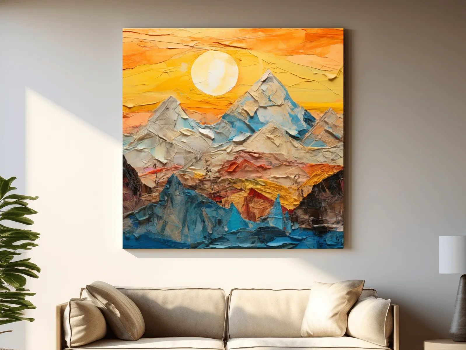 Collage Mountain Sunrise Painting - Warm Abstract Landscape Wall Art