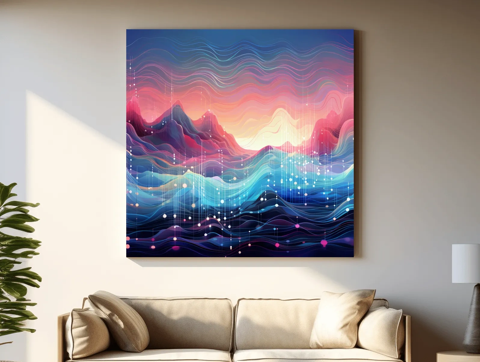 Funky Abstract Soundwave Mountain Patterns - Neon Sunset Landscape Wall Art
