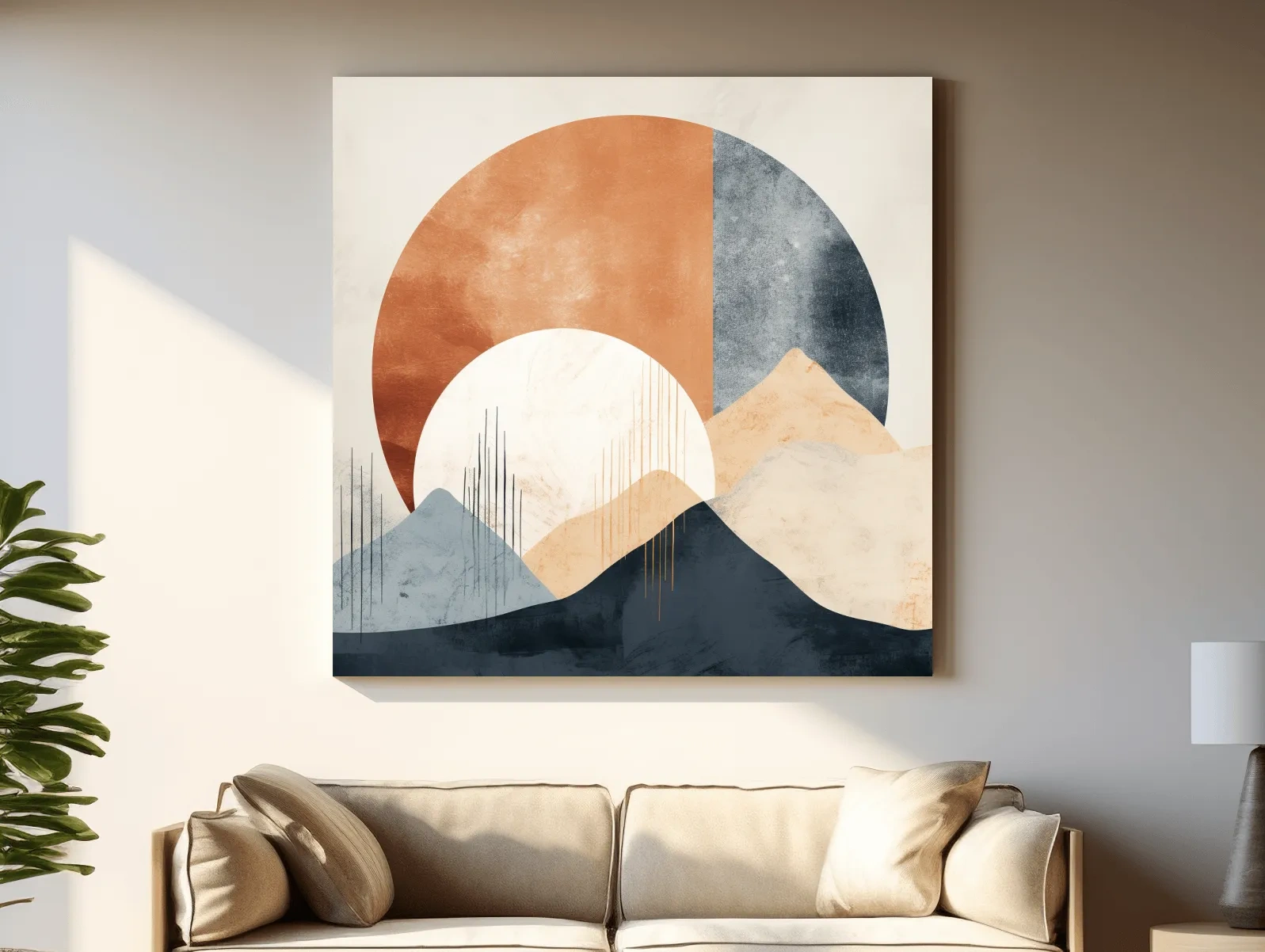 Abstract Geometric Mountain Sunrise - Mid Century Modern Landscape Wall Art
