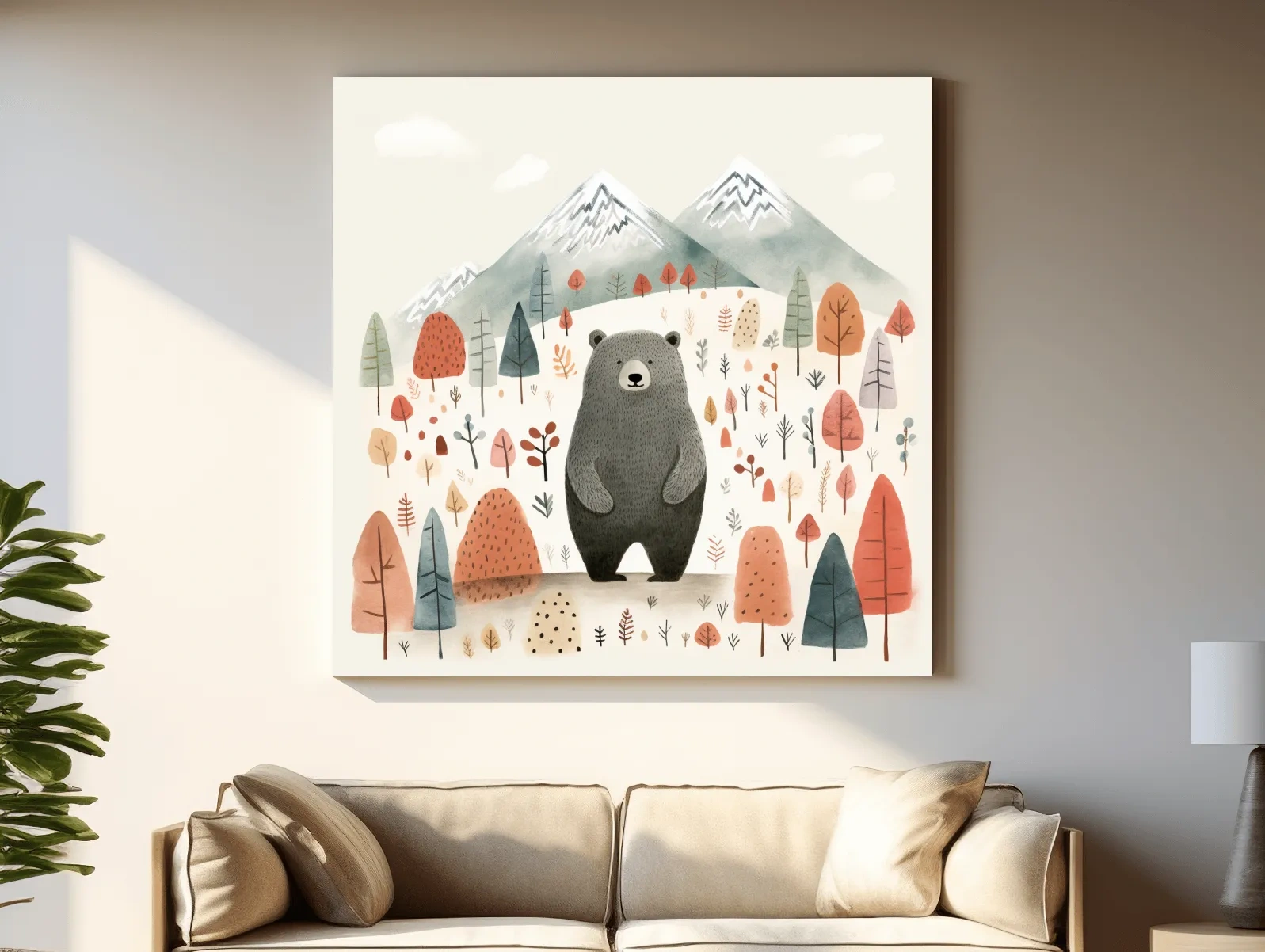 Cute Bear In Autumn Mountains - Scandinavian Nursery Woodland Animal Wall Art