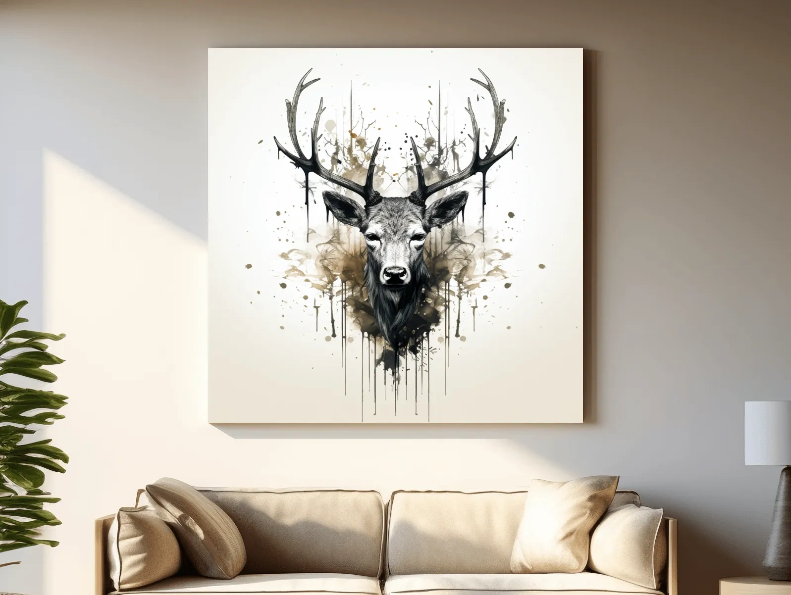 Watercolor Stag Portrait Rorschach Ink Splatter - Rustic Wildlife Artwork