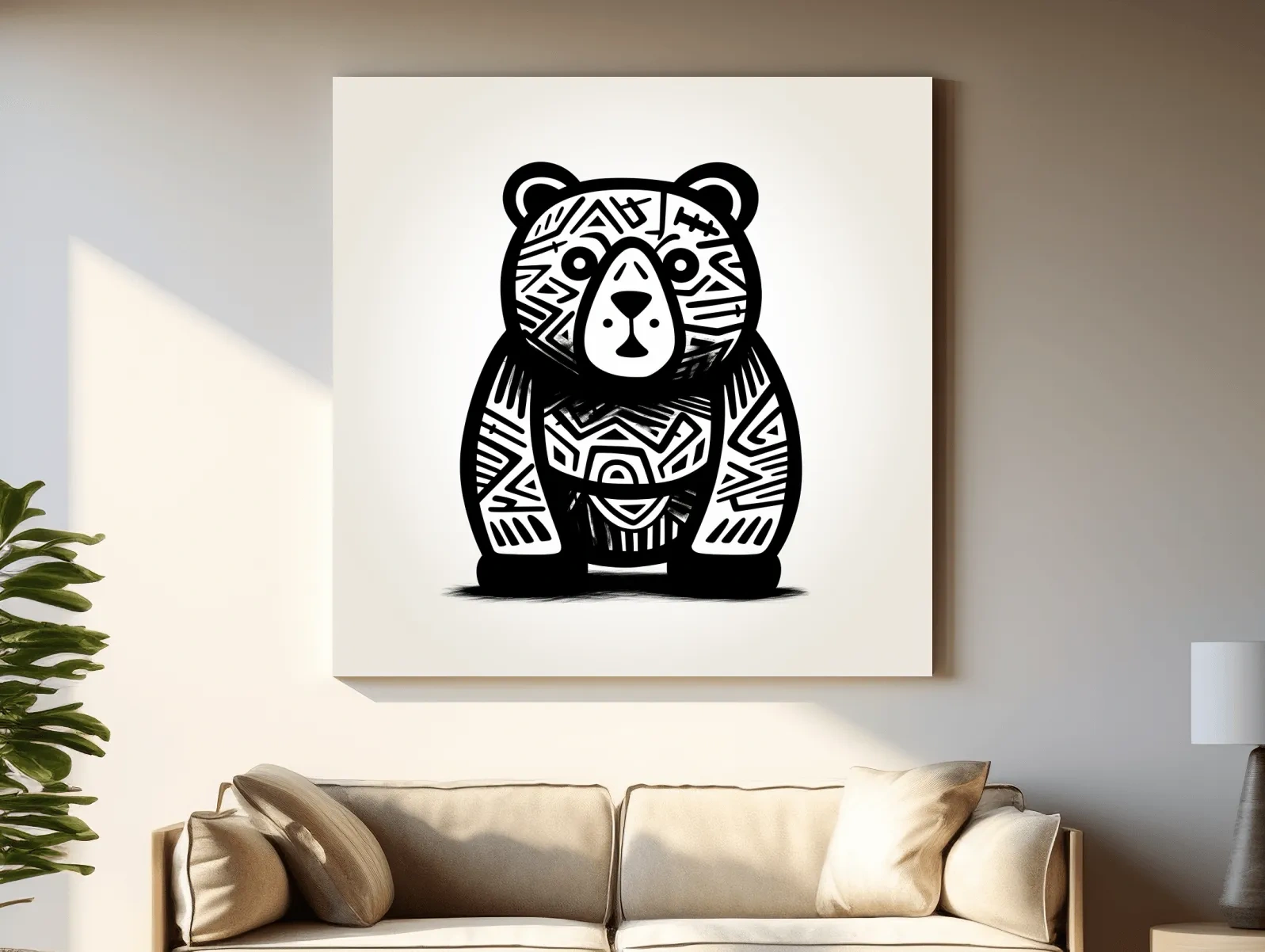 Tribal Pattern Bear Illustration - Quirky Black And White Animal Wall Art