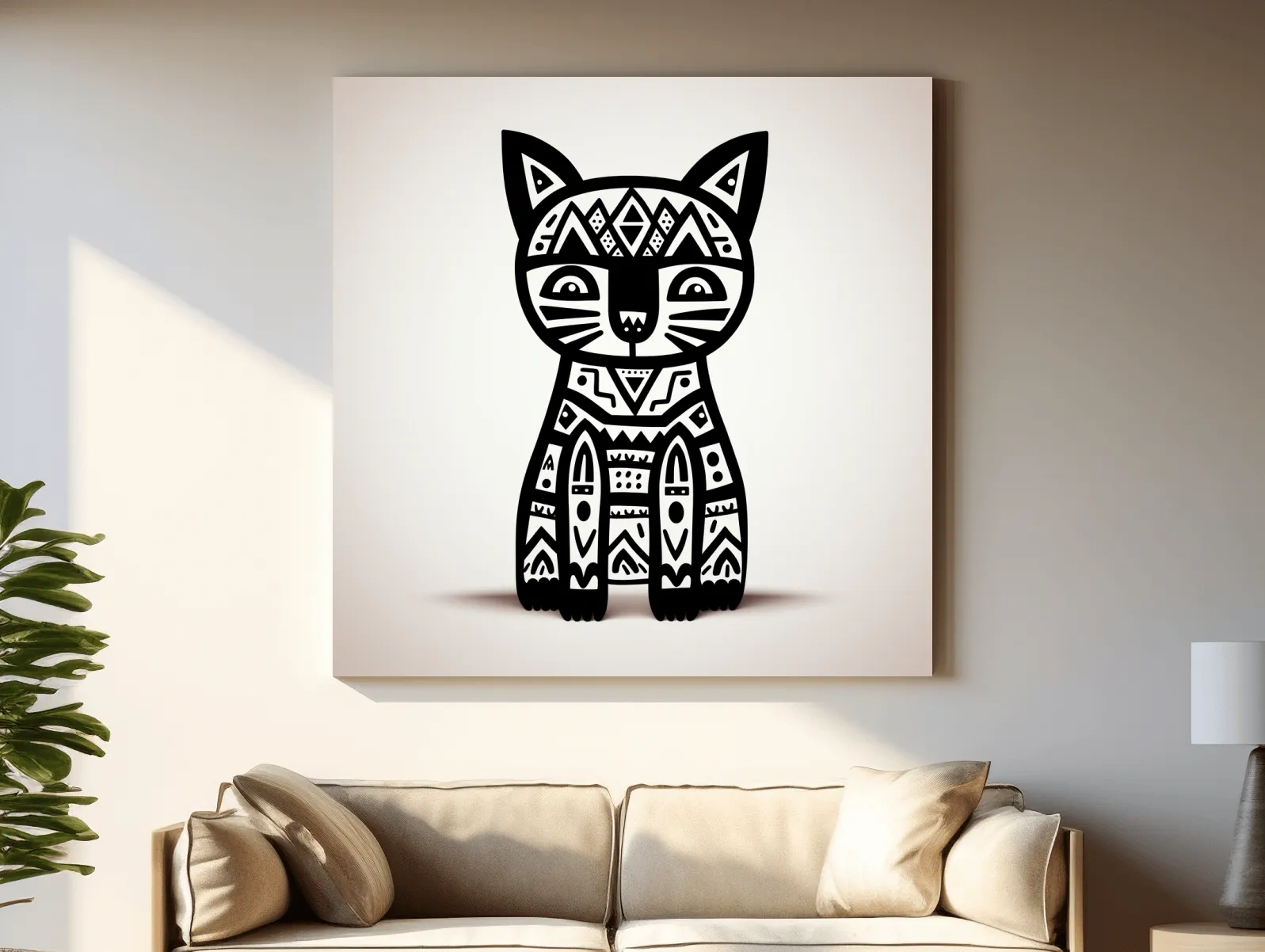 Tribal Geometric Cat Illustration - Black And White Quirky Animal Wall Art