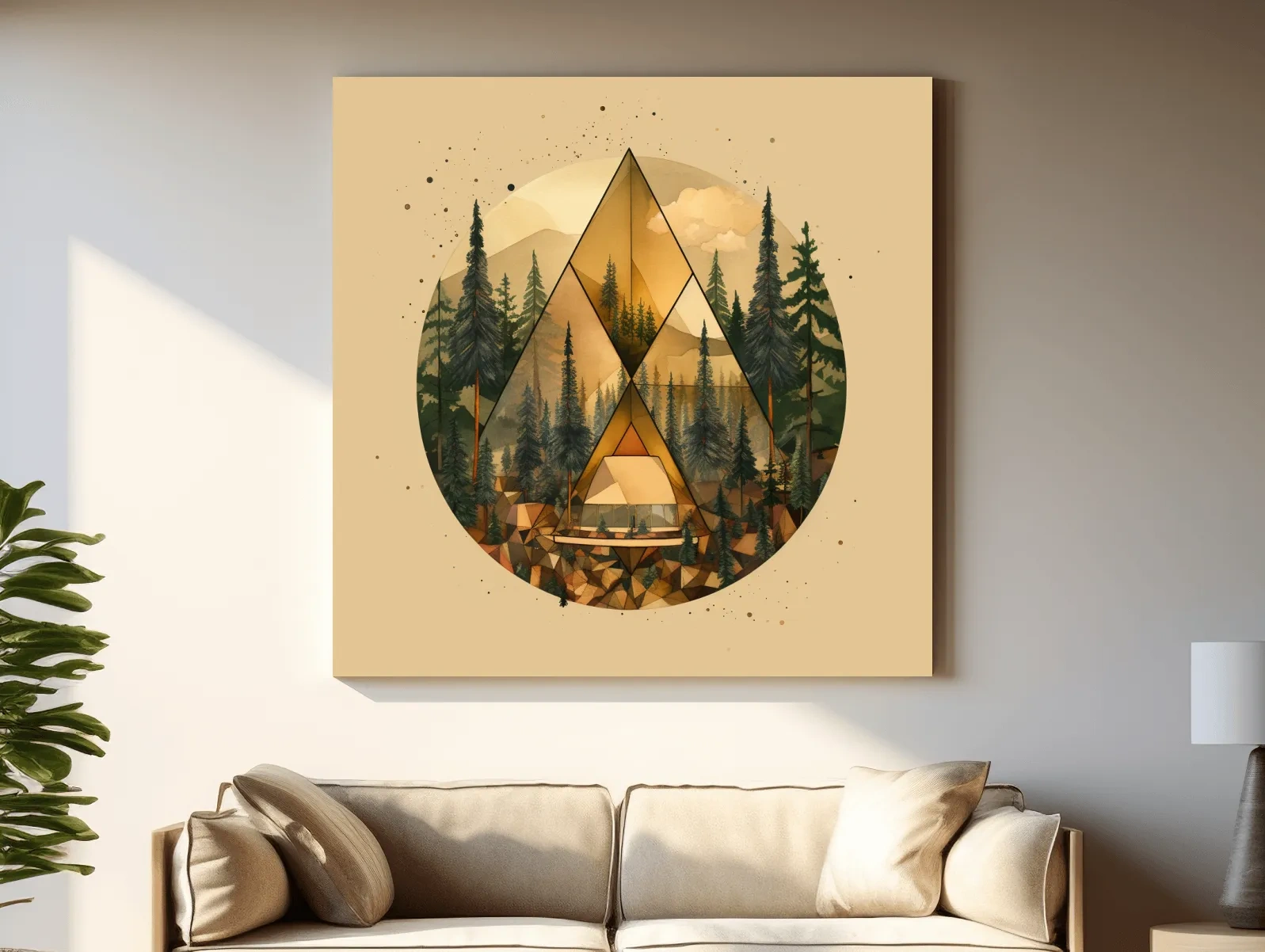 Geometric Mountain Cabin Forest Landscape - Modern Abstract Nature Wall Art