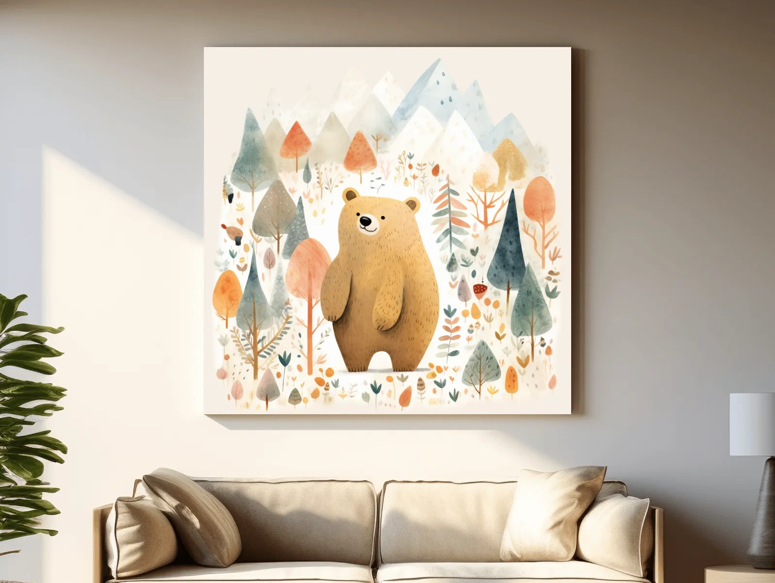 Cute Watercolor Bear In Mountain Forest - Whimsical Nursery Wall Art