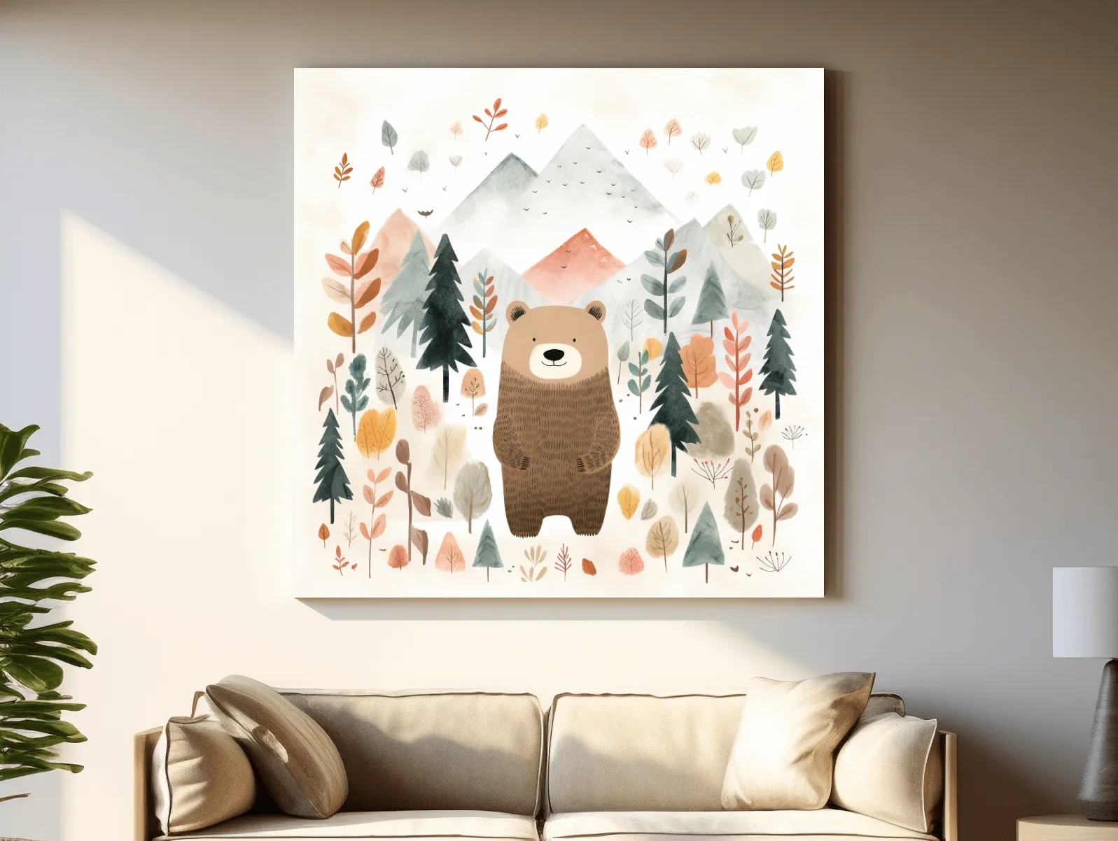 Cute Watercolor Bear Bear In Forest - Whimsical Mountain Nursery Wall Art