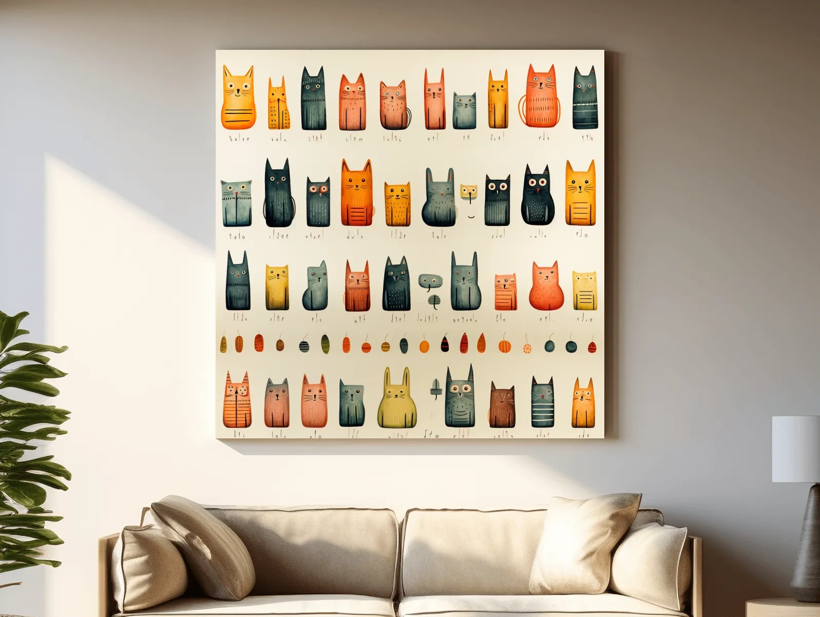 Whimsical Mid Century Cat Pattern Illustration - Colorful Nursery Wall Art