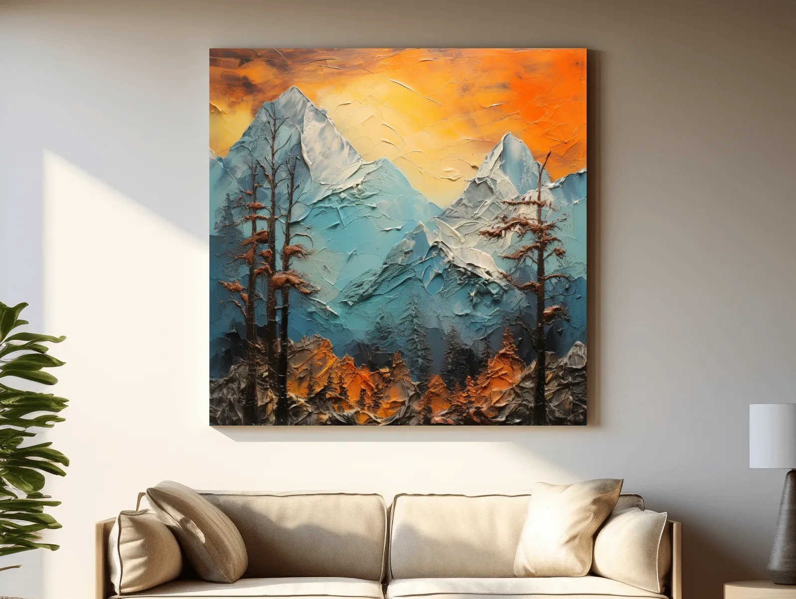 Abstract Alpine Mountains At Sunset - Impasto Effect Landscape Wall Art