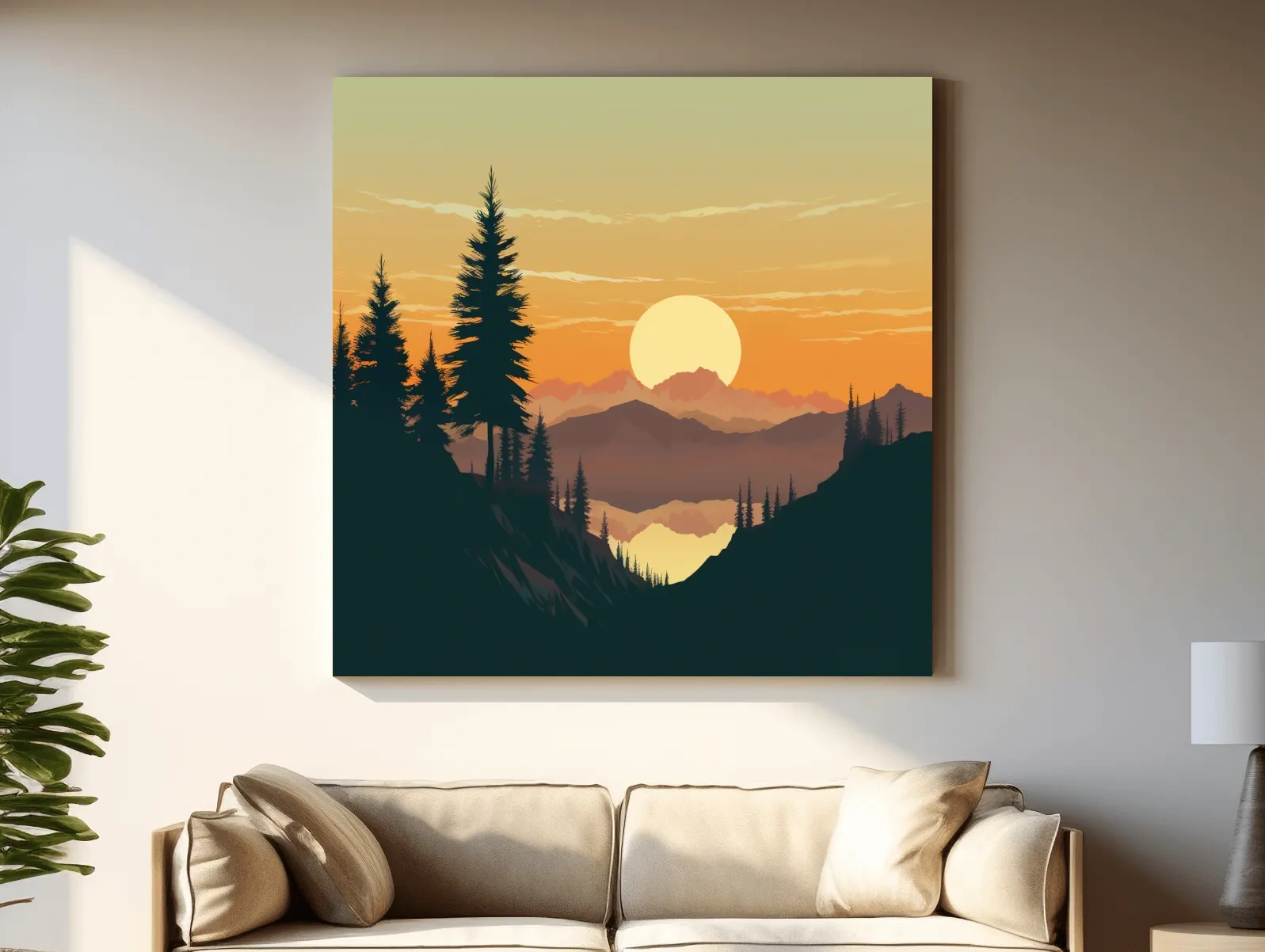 Minimalist Alpine Sunset Lake Landscape - Scandinavian Mountain Forest Wall Art