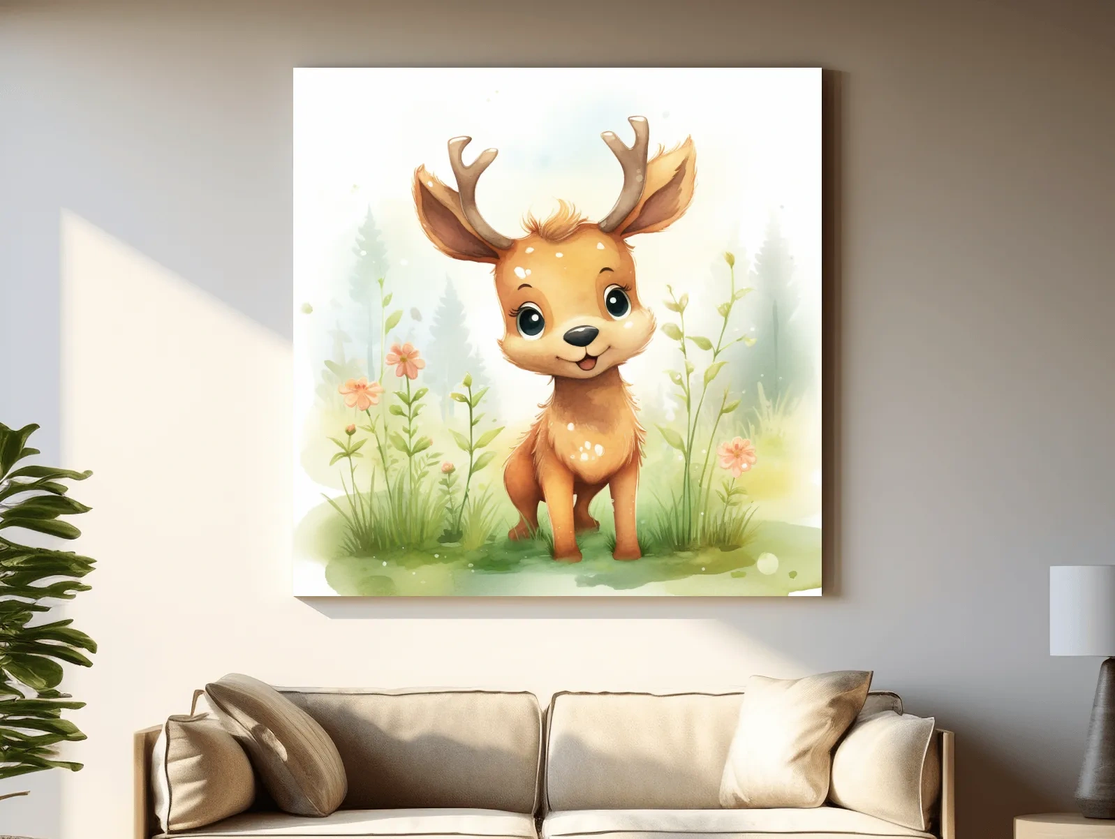 Cute Watercolor Baby Deer Illustration - Woodland Nursery Animal Wall Art
