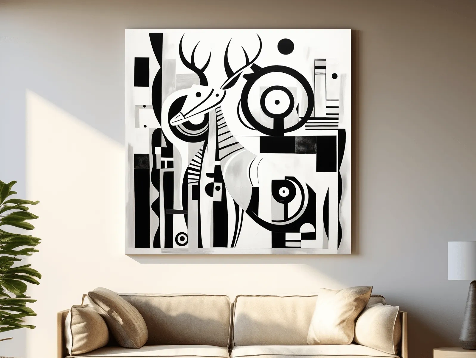 Abstract Geometric Deer Artwork - Mid-Century Black And White Animal Wall Art
