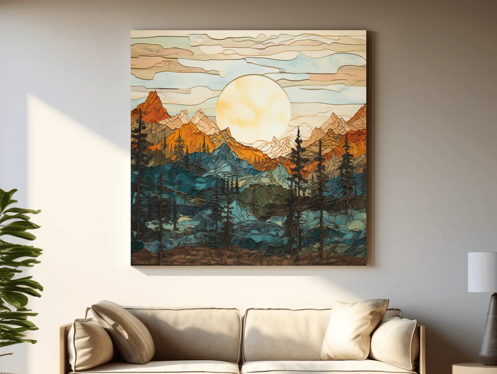 Stained Glass Mountain Sunset Landscape - Colorful Mosaic Forest Wall Art