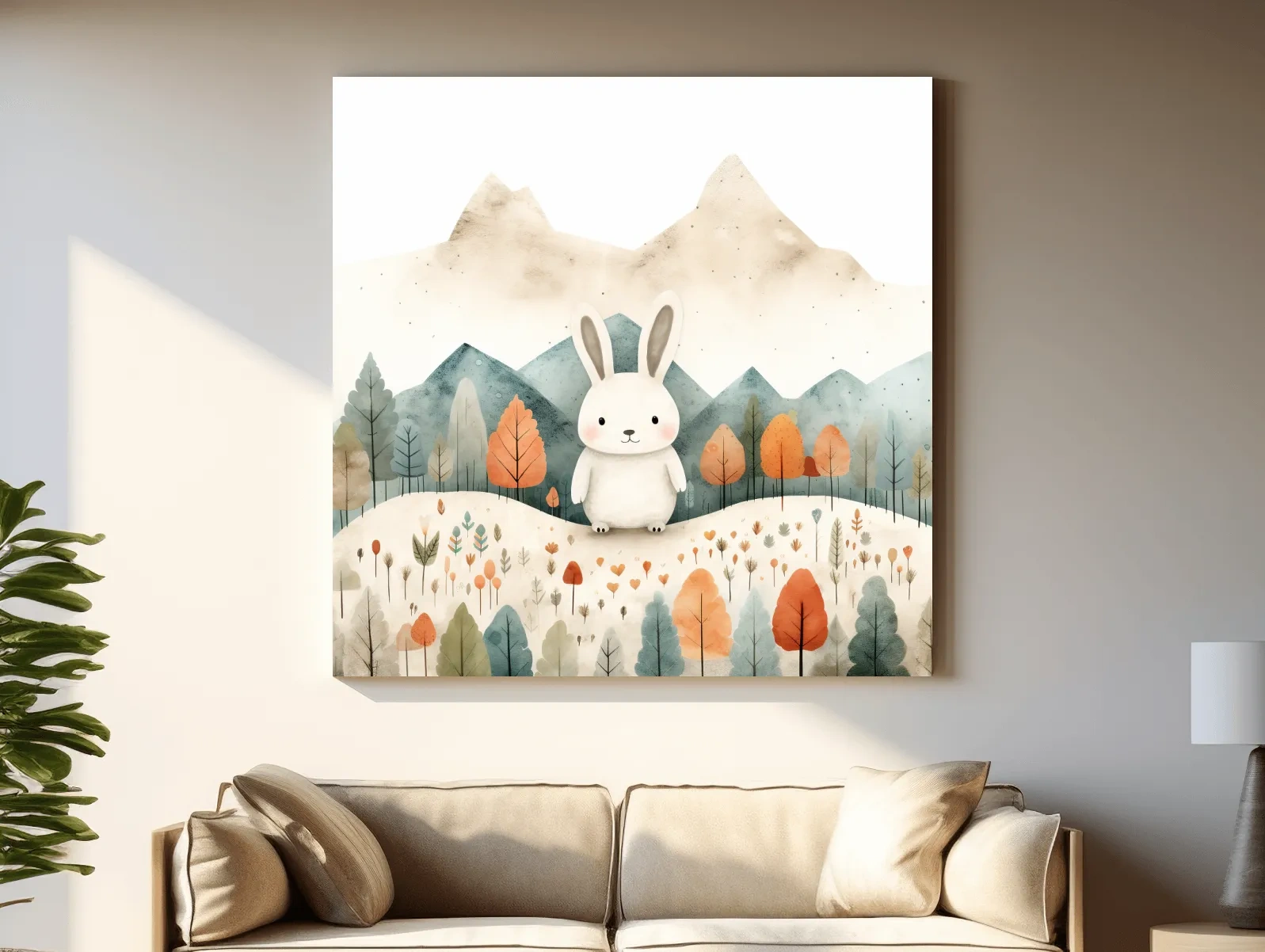 Cute Watercolor Bunny In Mountain Forest - Whimsical Nursery Woodland Wall Art