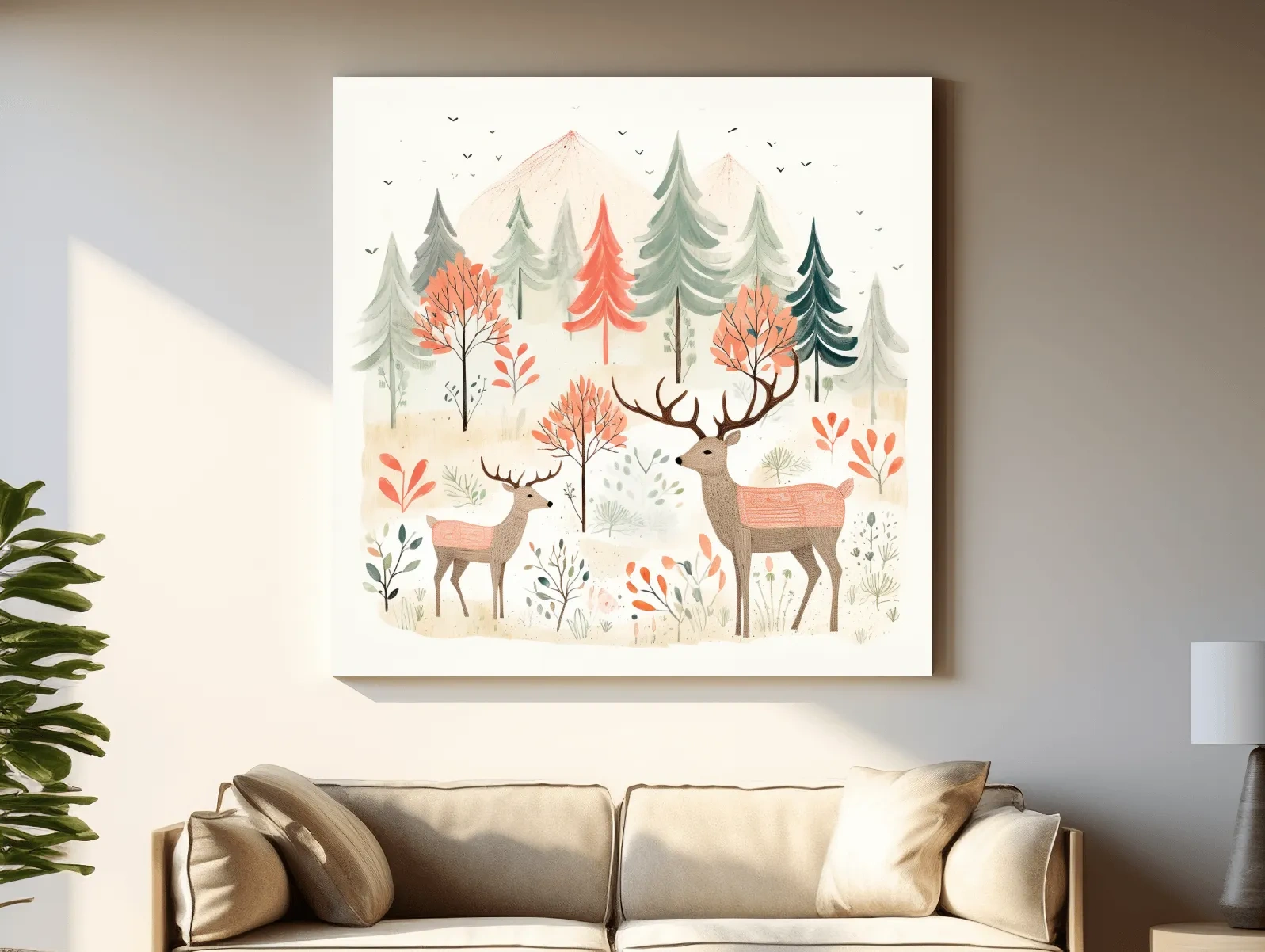 Whimsical Watercolor Deer Forest Storybook Scene - Scandinavian Woodland Nursery Wall Art