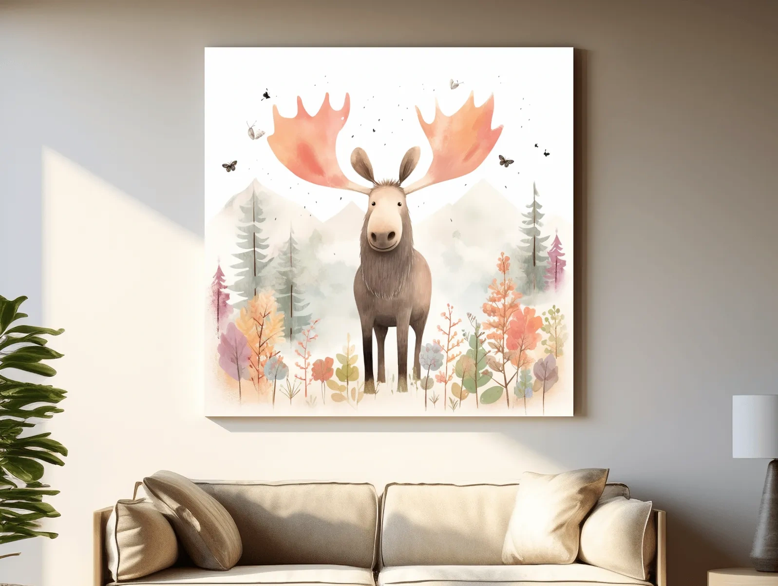 Whimsical Watercolor Moose In Pastel Forest - Storybook Nursery Animal Wall Art