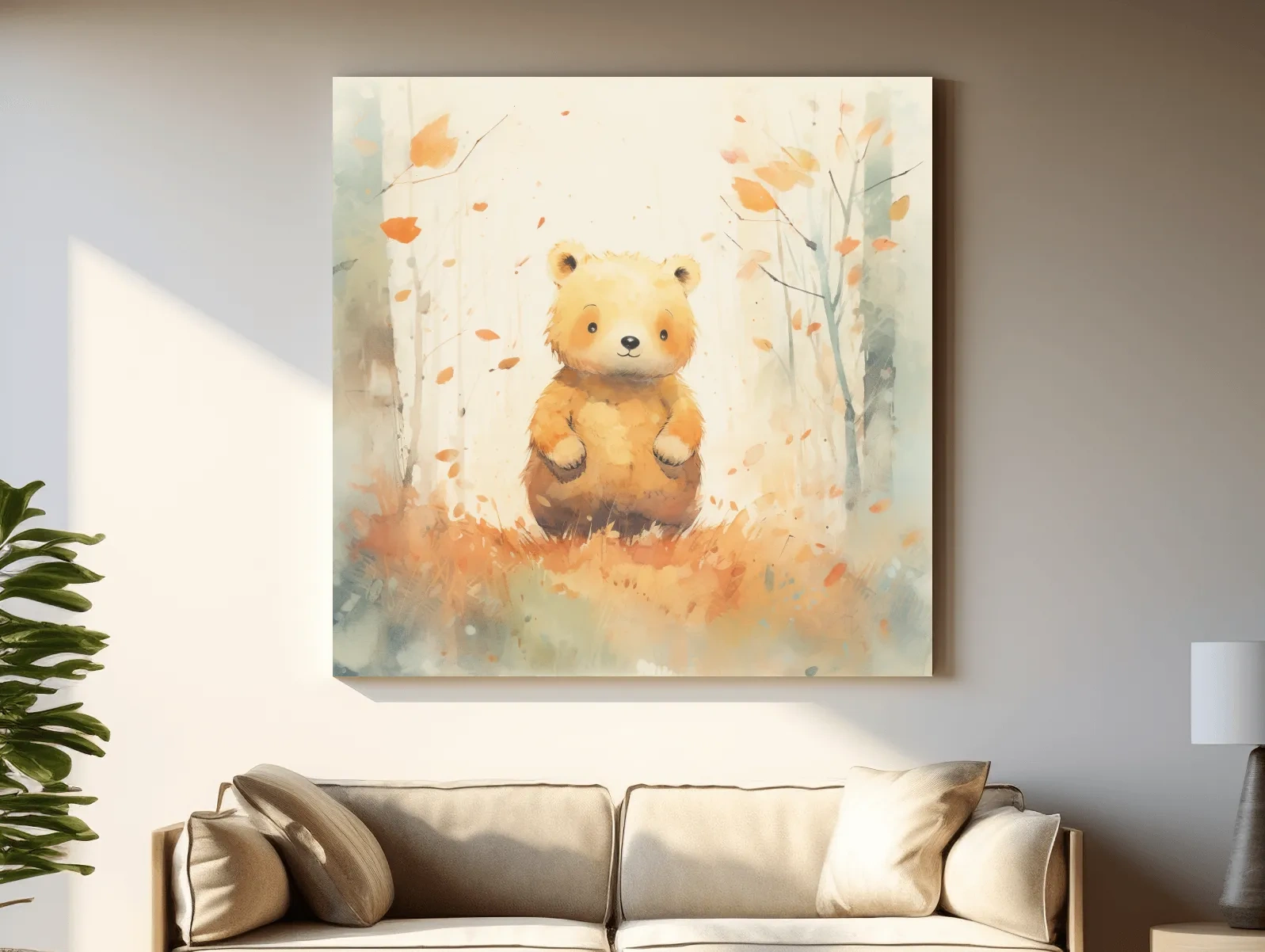 Cute Watercolor Bear Cub In Autumn Forest - Whimsical Nursery Animal Wall Art
