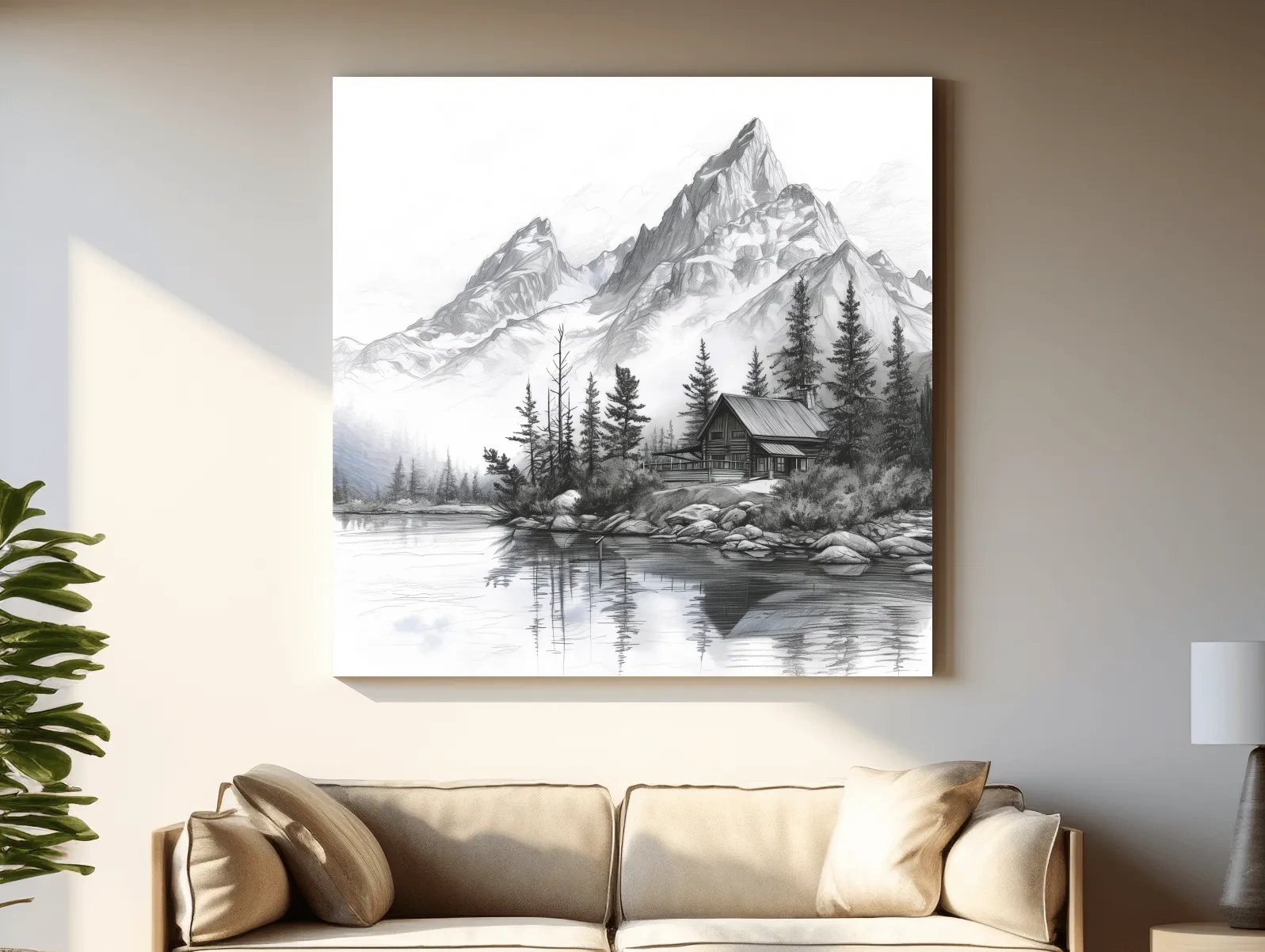Monochrome Mountain Lake Cabin Sketch - Rustic Alpine Glacier Wall Art