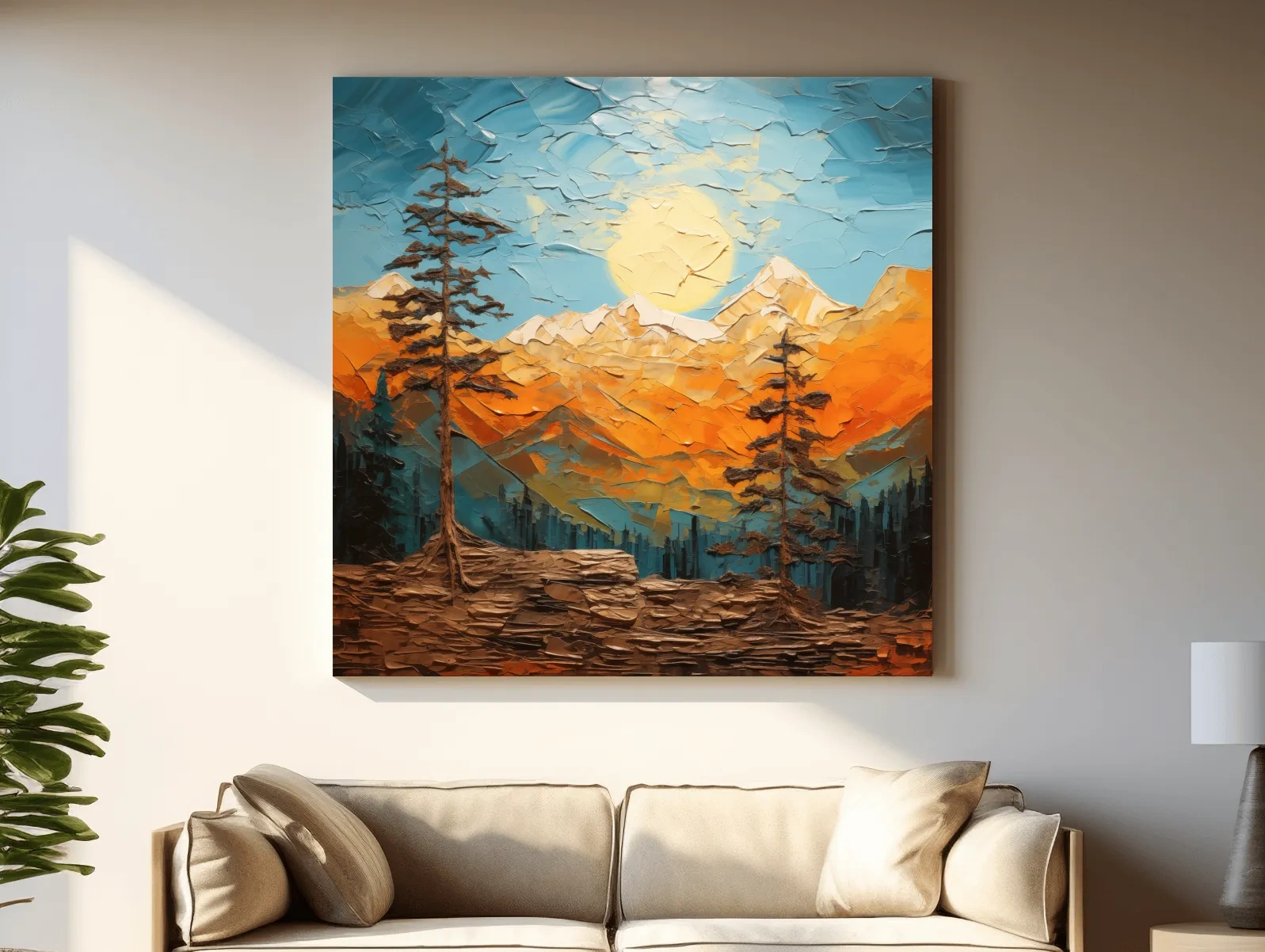 Textured Impasto Mountain Sunrise Landscape - Bold Alpine Wall Art
