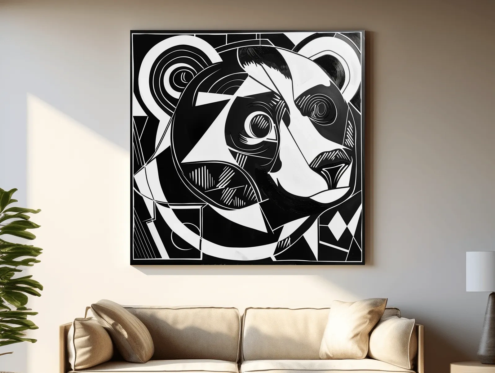 Cubism style abstract painting of a black bear, modern wall art