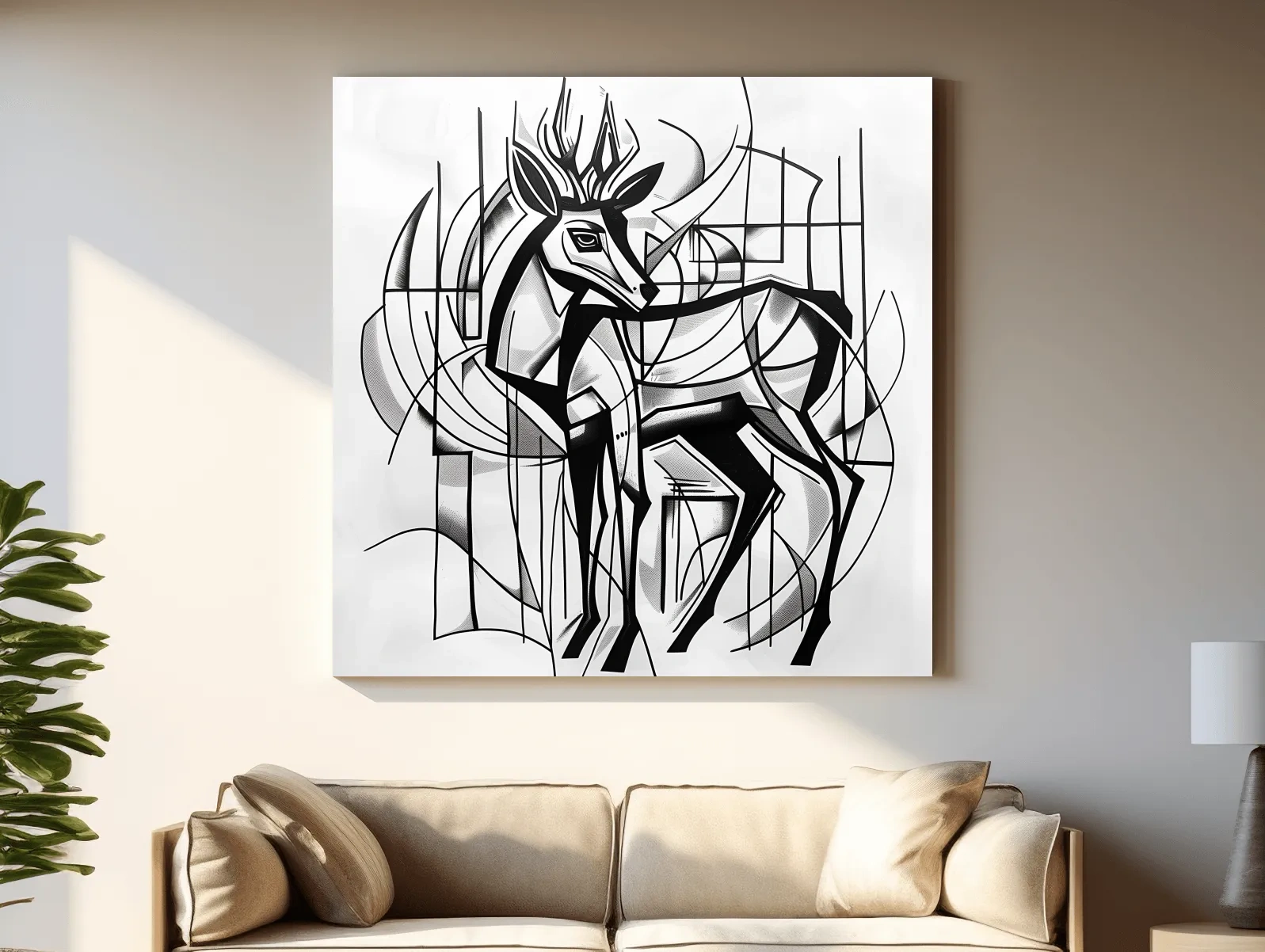 Cubism Abstract Stag Artwork - Modern Black And White Wildlife Wall Art