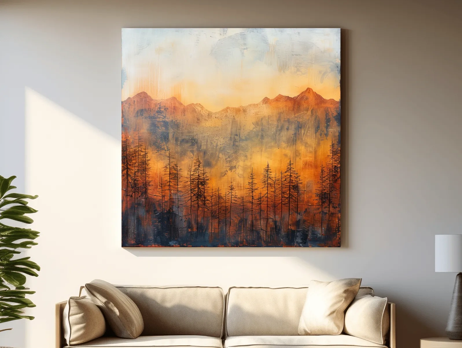Moody Abstract Mountain Sunrise With Silhouetted Pine Forest - Textured Landscape Painting