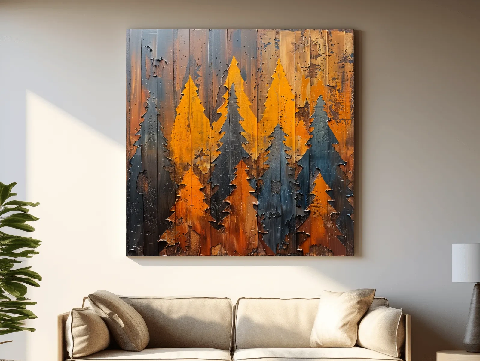 Autumn Pine Forest Silhouettes - Rustic Painted Wood Wall Art