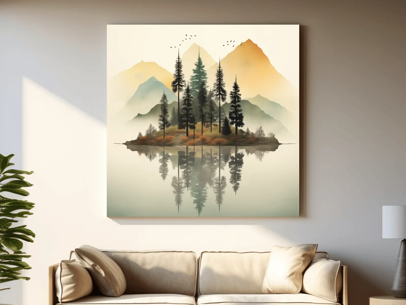 Misty Pine Forest Island Reflection - Minimalist Mountain Lake Wall Art